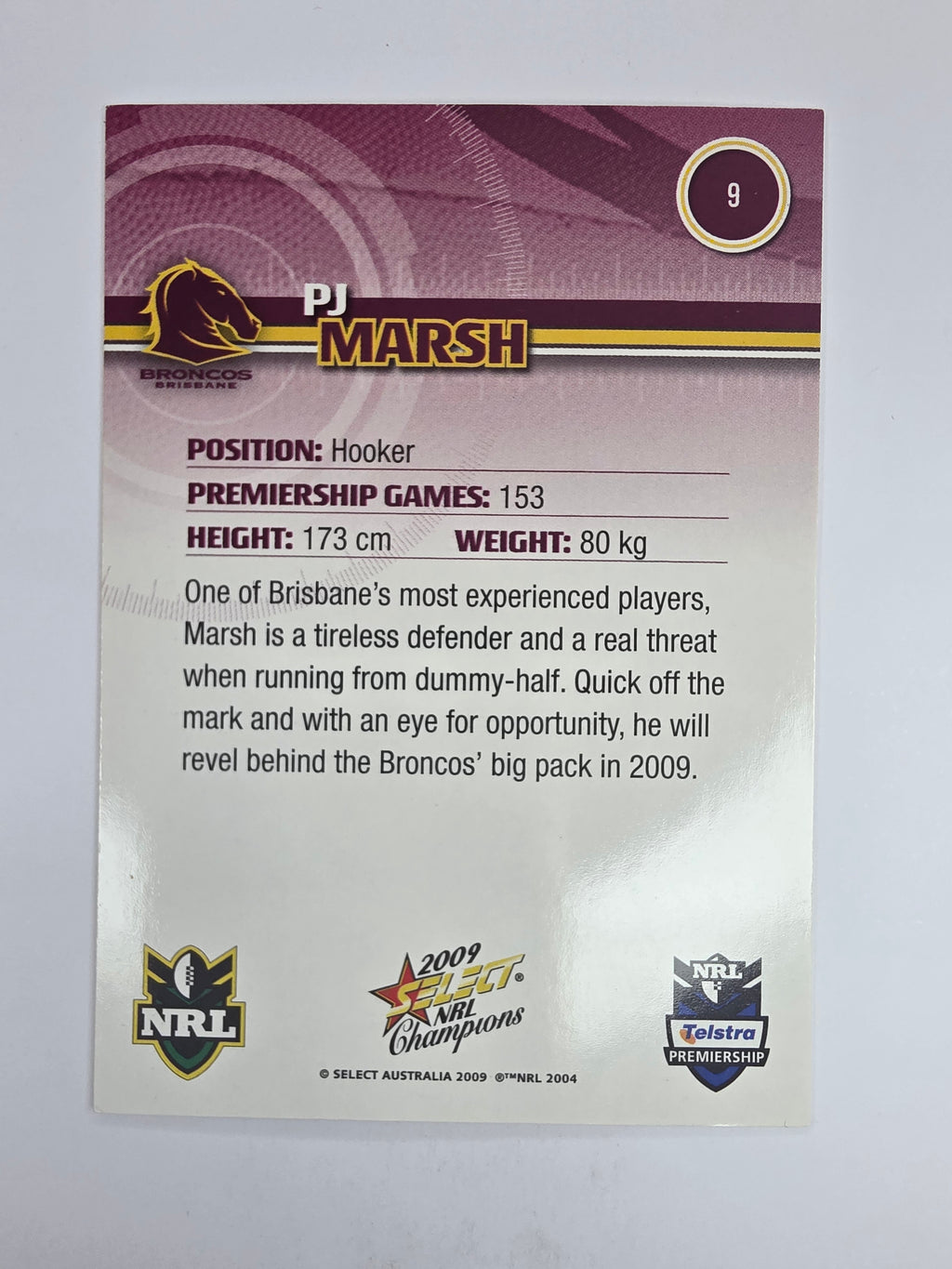 NRL 2009 Champions Base Card #9 PJ Marsh Brisbane Broncos