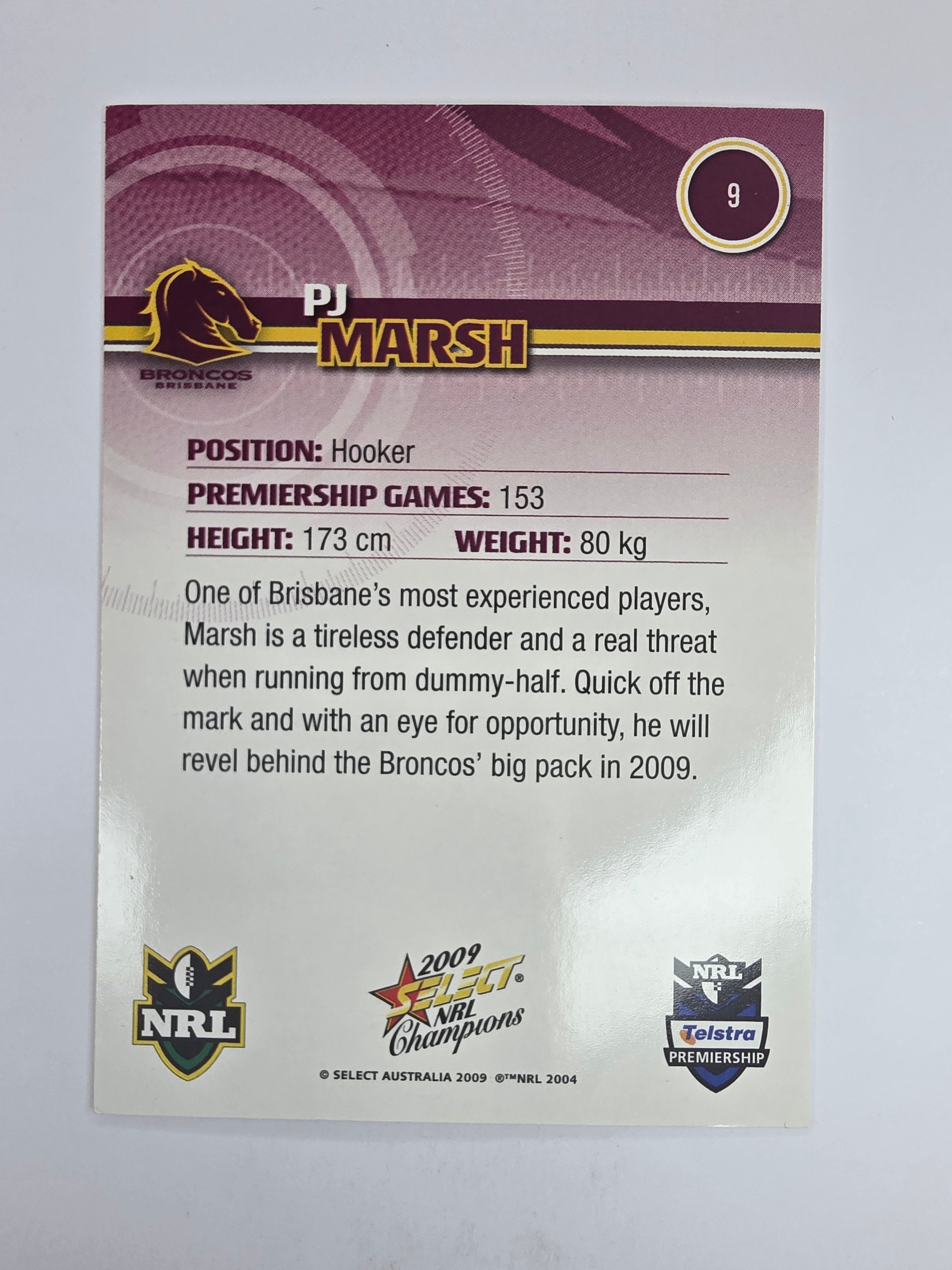 NRL 2009 Champions Base Card #9 PJ Marsh Brisbane Broncos