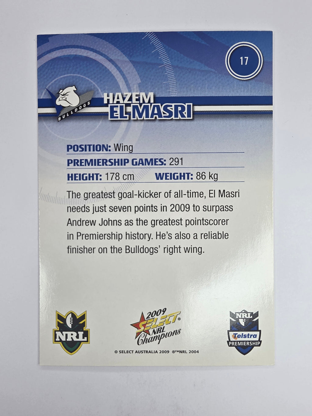 NRL 2009 Champions Base Card #17 Hazem El Masri Canterbury Bankstown Bulldogs