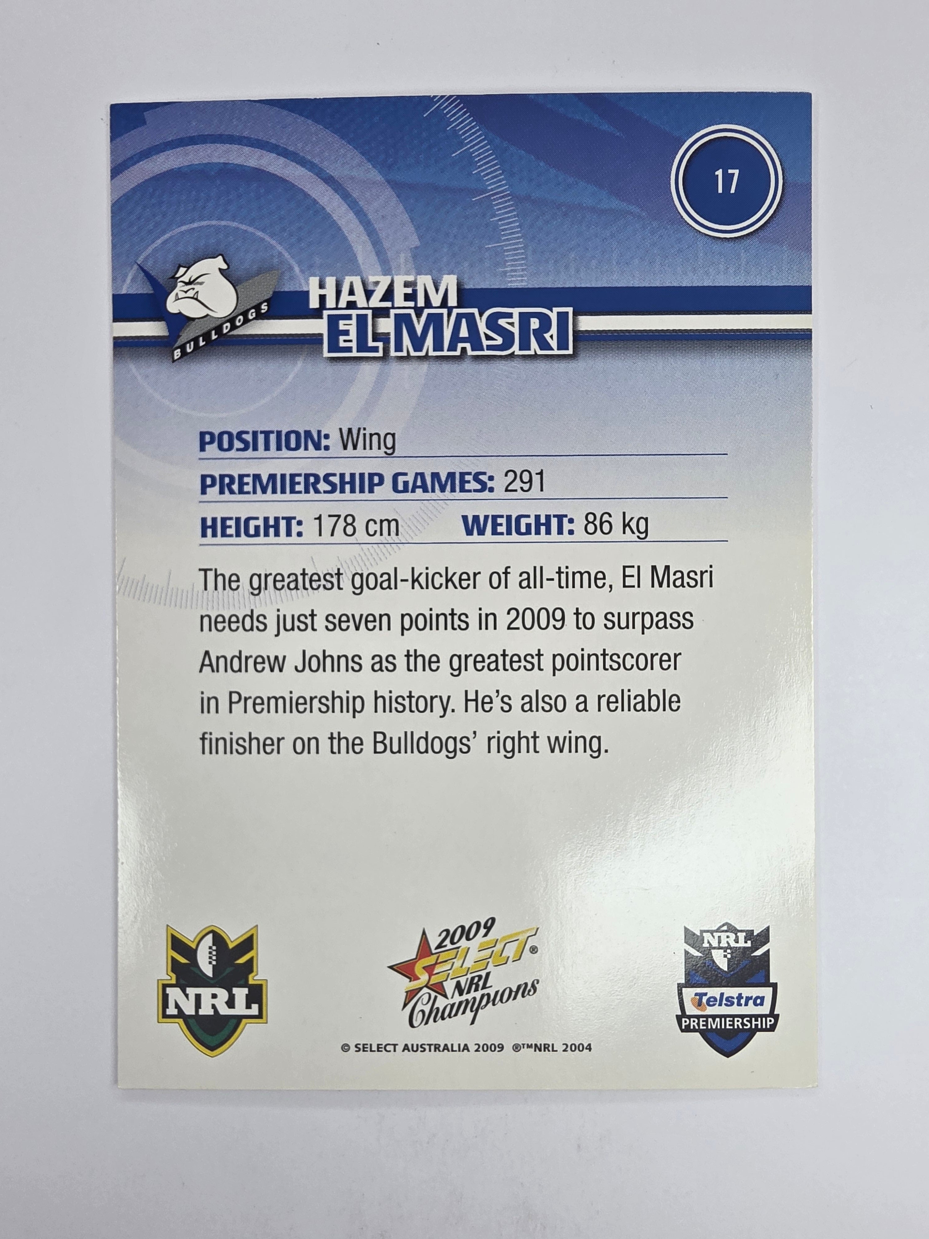 NRL 2009 Champions Base Card #17 Hazem El Masri Canterbury Bankstown Bulldogs