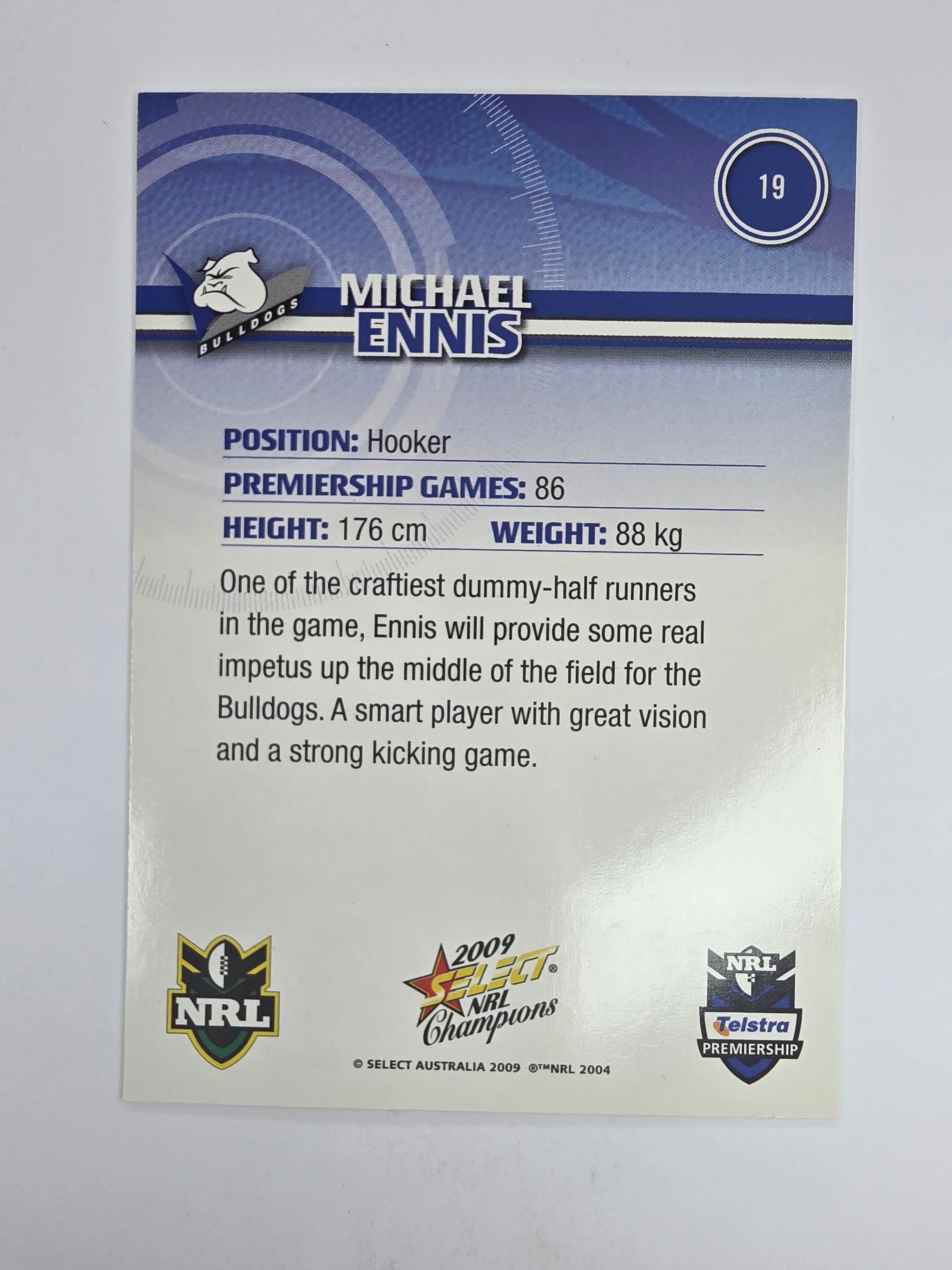 NRL 2009 Champions Base Card #19 Michael Ennis Canterbury Bankstown Bulldogs