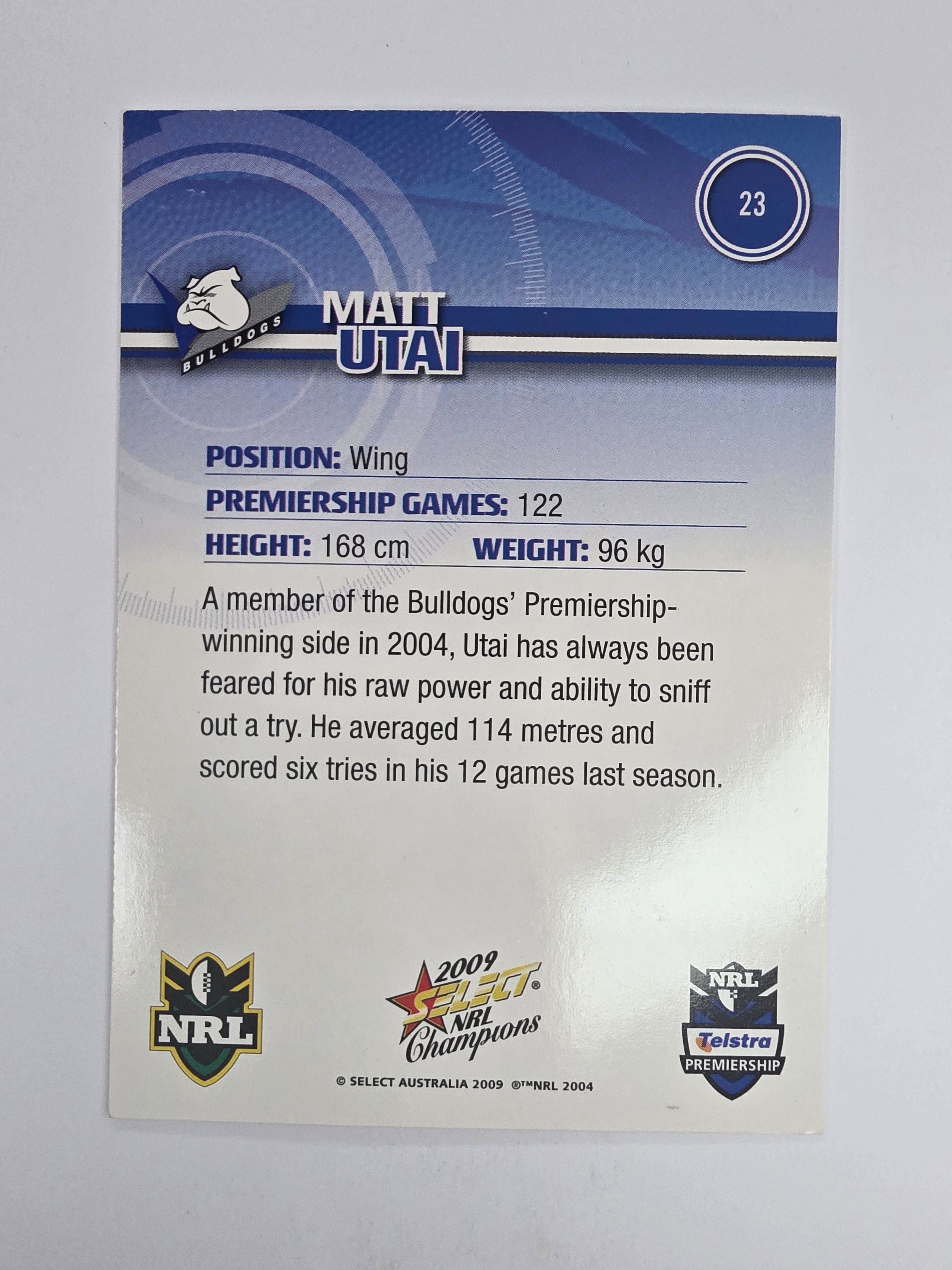 NRL 2009 Champions Base Card #23 Matt Utai Canterbury Bankstown Bulldogs