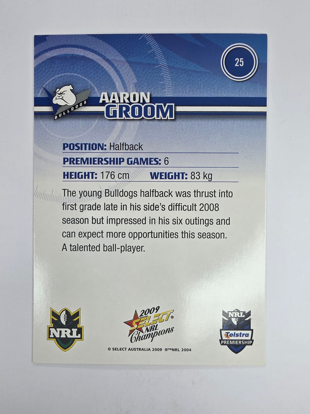 NRL 2009 Champions Base Card #25 Aaron Groom Canterbury Bankstown Bulldogs