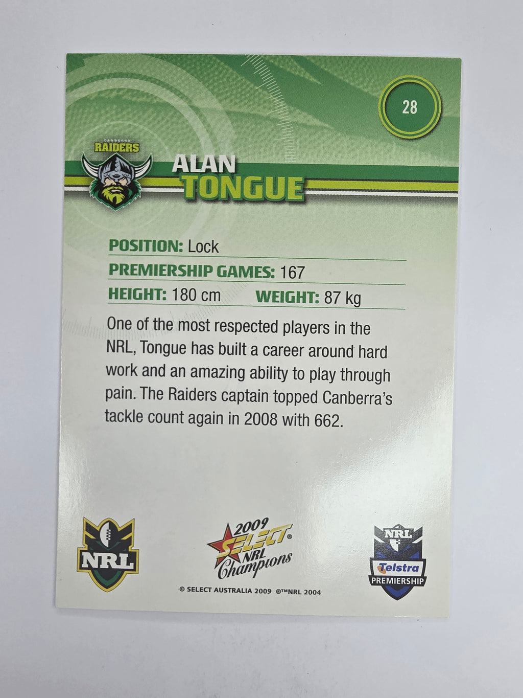 NRL 2009 Champions Base Card #28 Alan Tongue Canberra Raiders