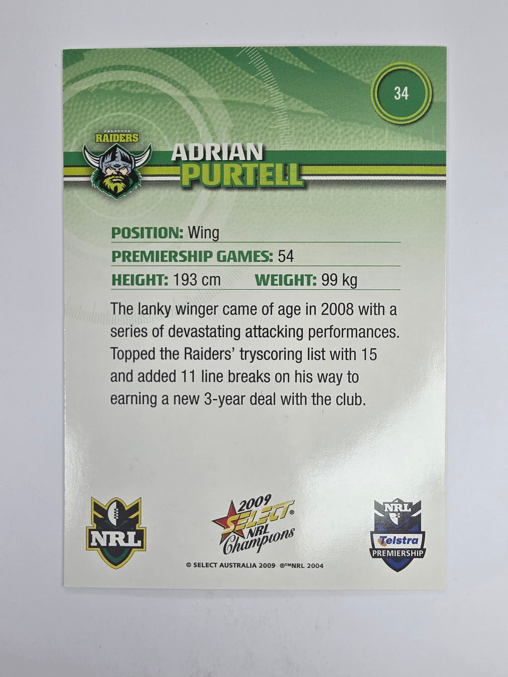 NRL 2009 Champions Base Card #34 Adrian Purtell Canberra Raiders