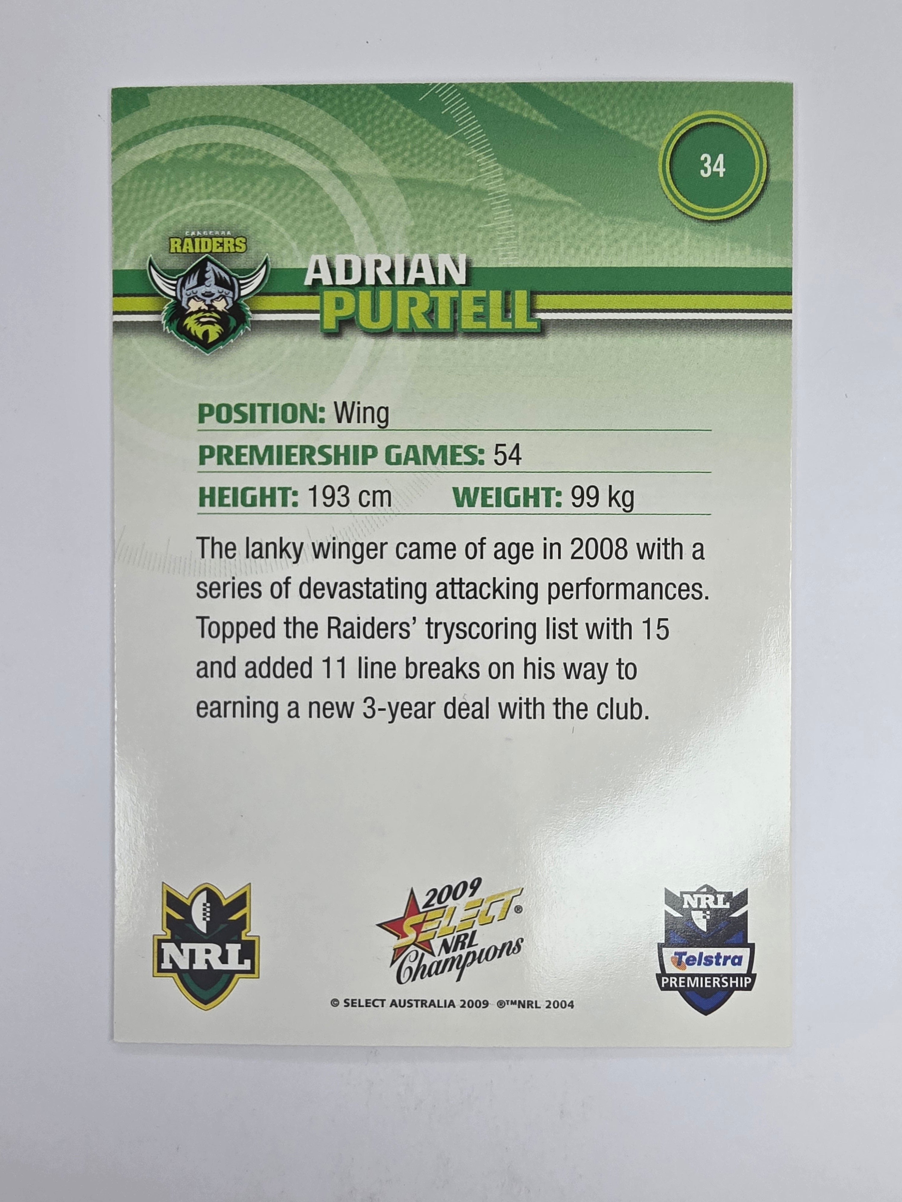 NRL 2009 Champions Base Card #34 Adrian Purtell Canberra Raiders