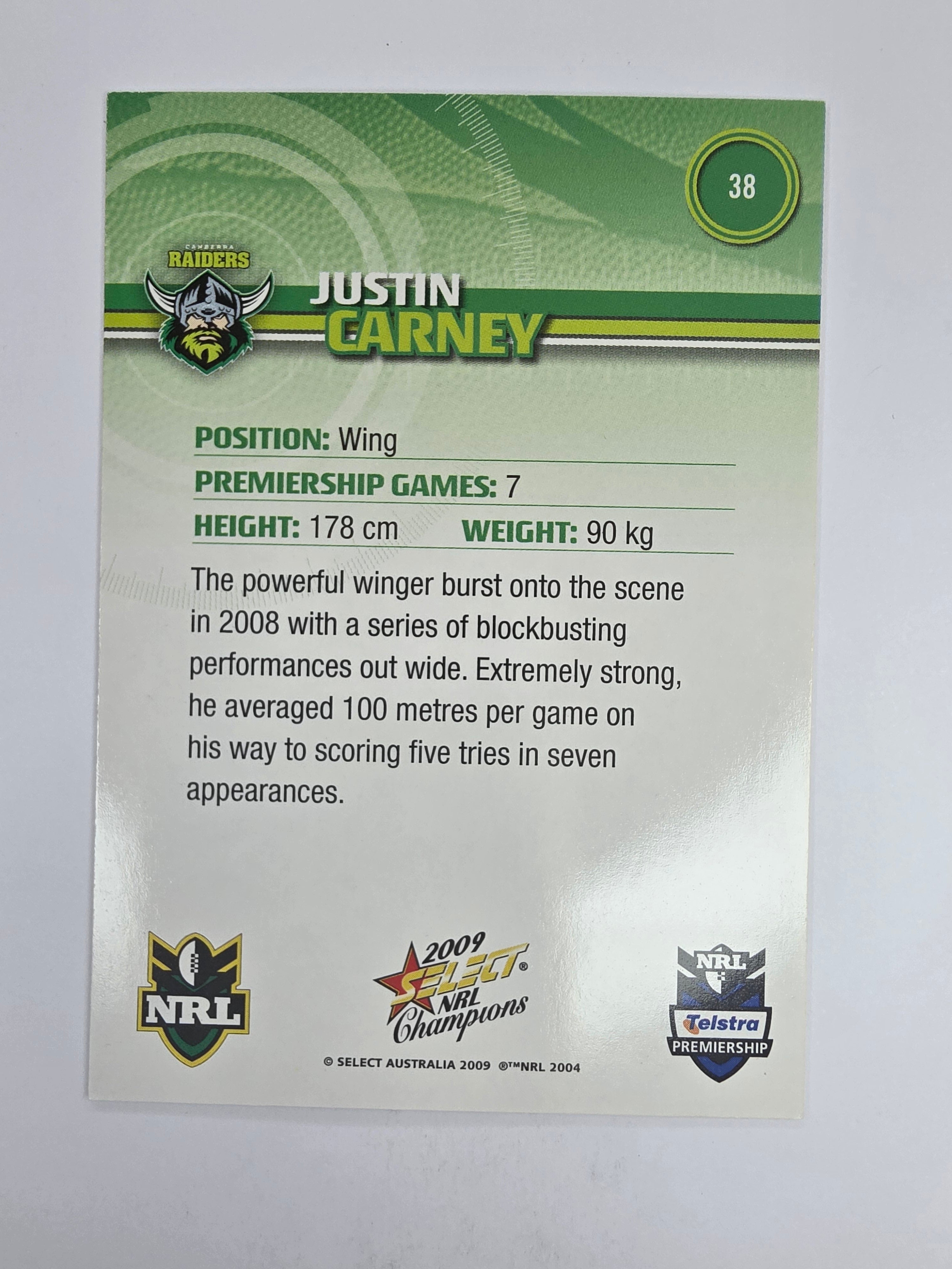 NRL 2009 Champions Base Card #38 Justin Carney Canberra Raiders