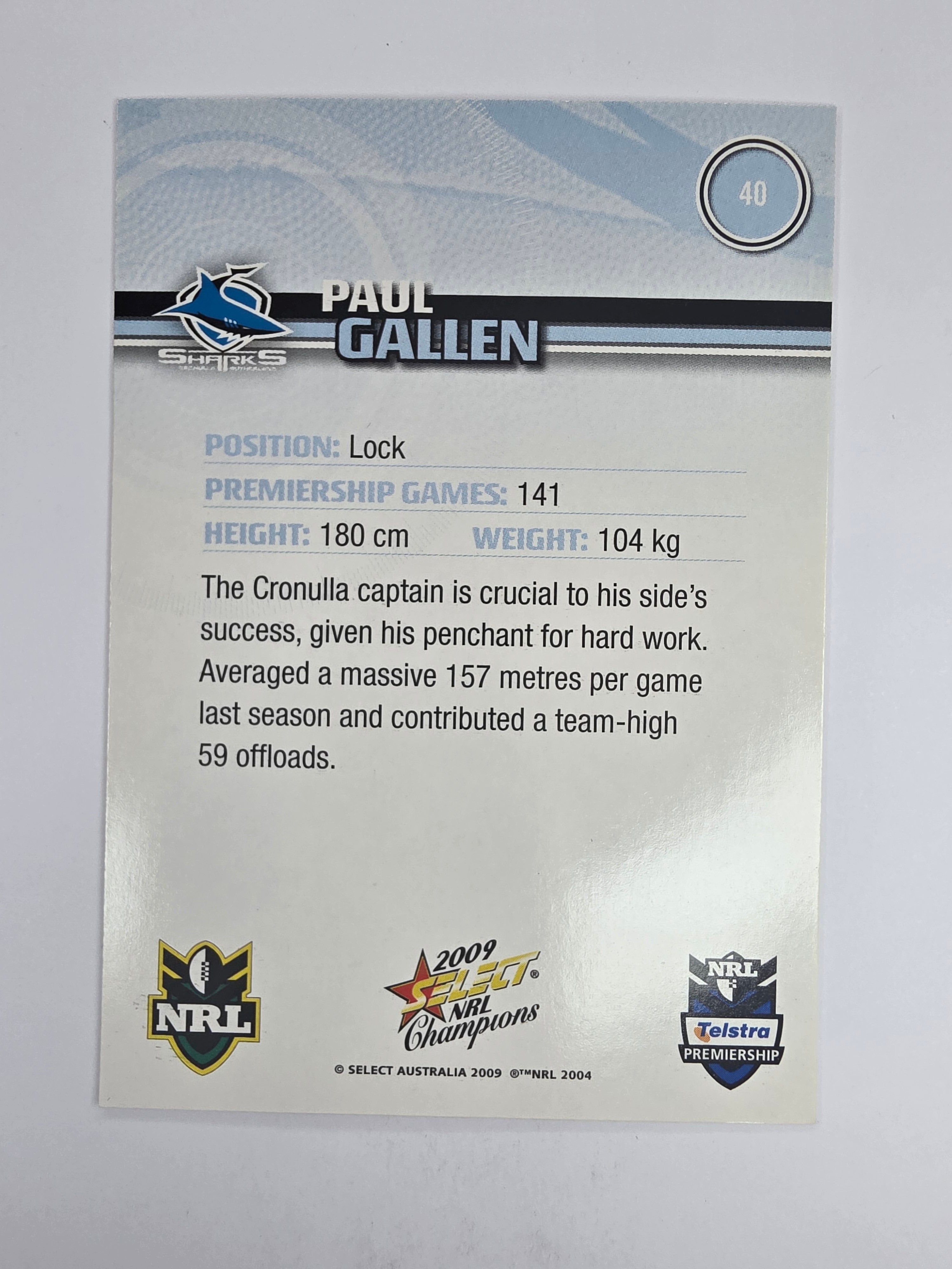 NRL 2009 Champions Base Card #40 Paul Gallen Cronulla Sutherland Sharks