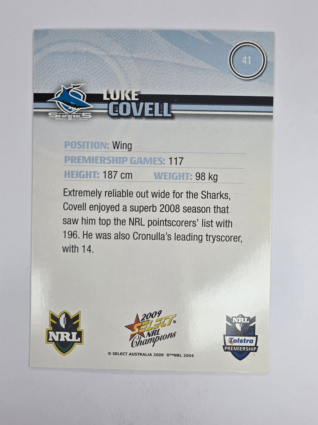 NRL 2009 Champions Base Card #41 Luke Covell Cronulla Sutherland Sharks