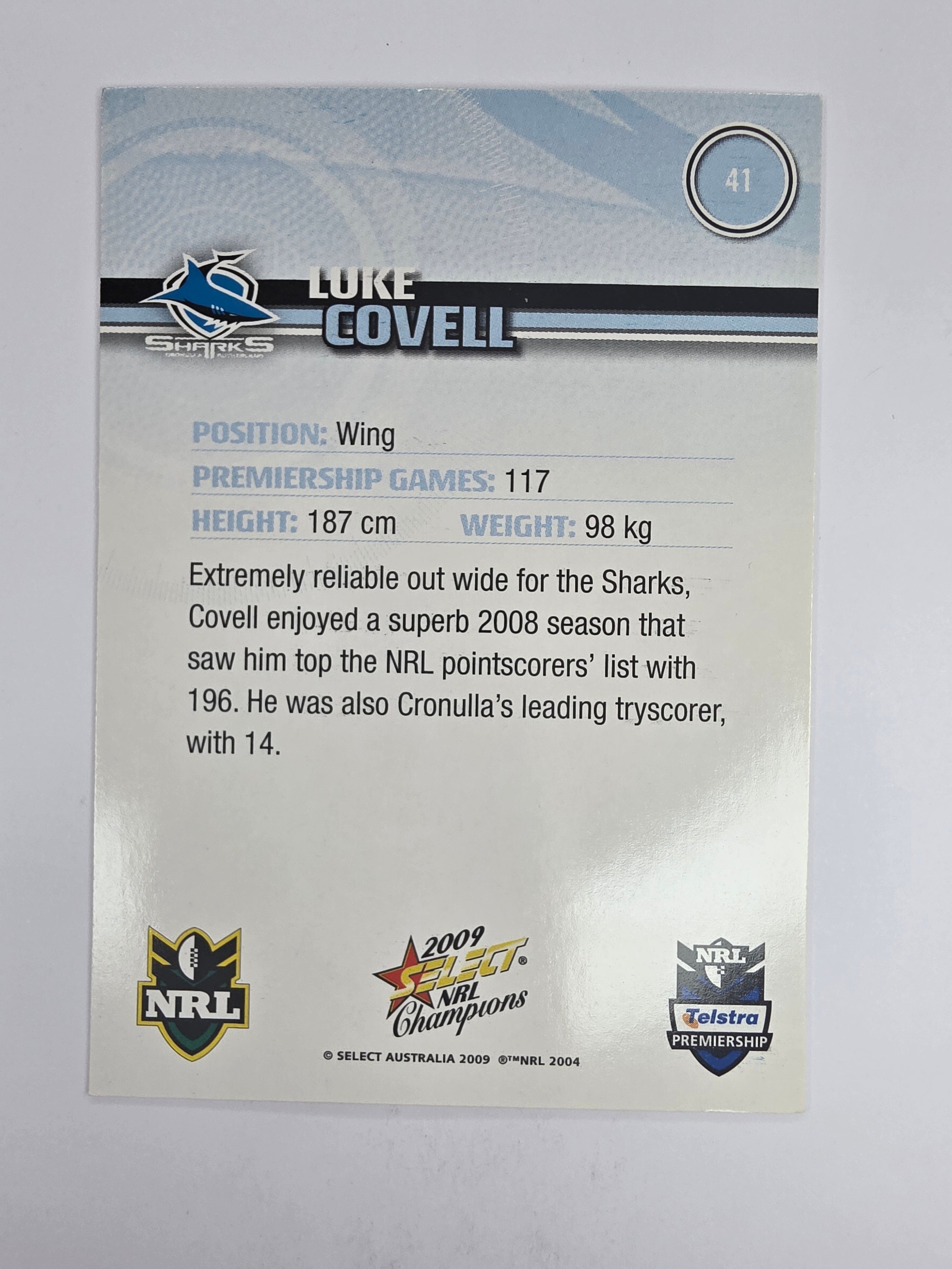 NRL 2009 Champions Base Card #41 Luke Covell Cronulla Sutherland Sharks