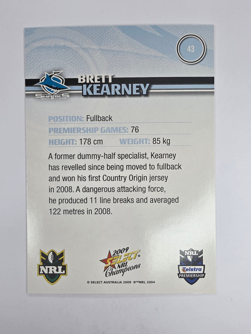 NRL 2009 Champions Base Card #43 Brett Kearney Cronulla Sutherland Sharks