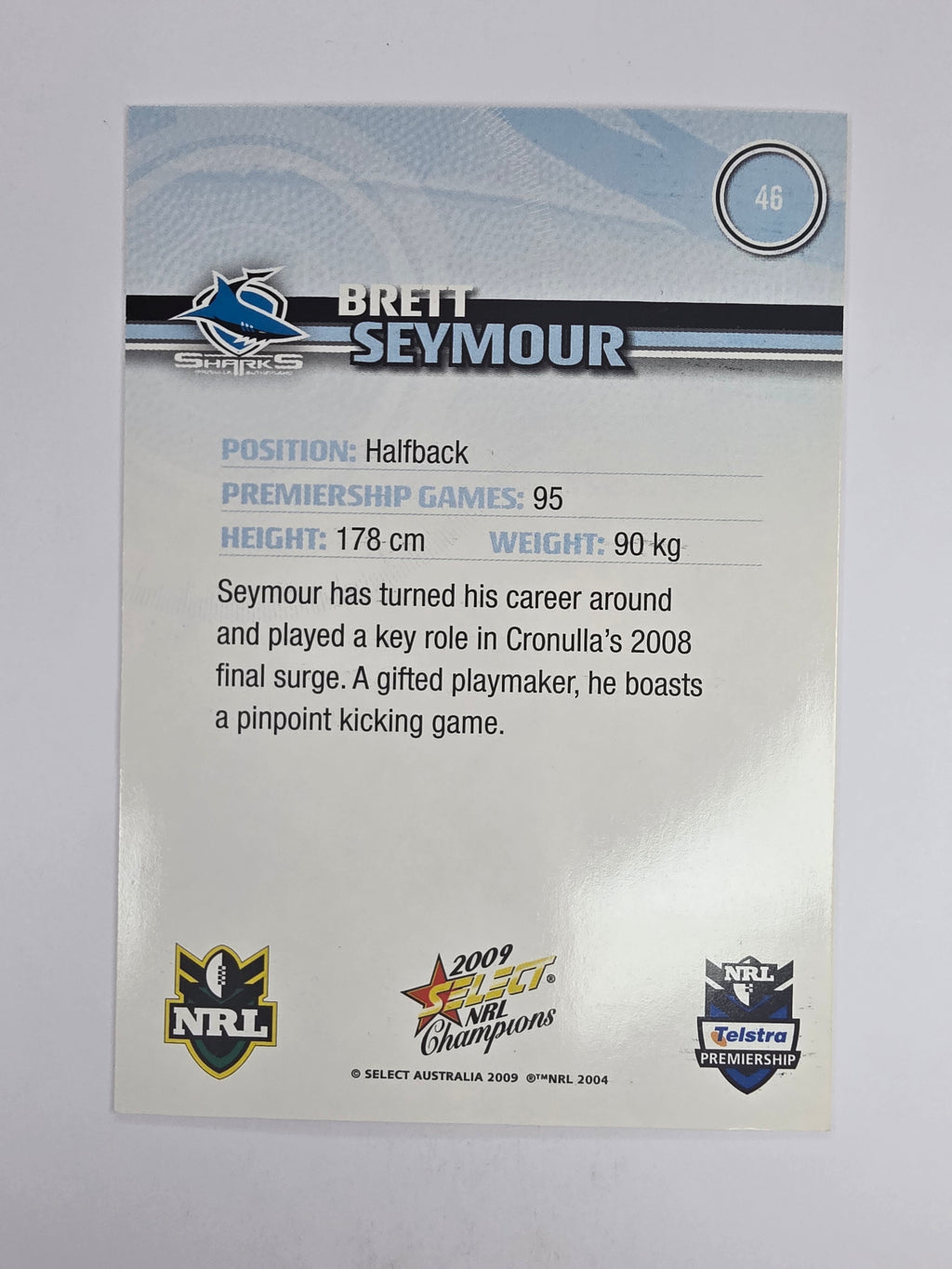 NRL 2009 Champions Base Card #46 Brett Seymour Cronulla Sutherland Sharks