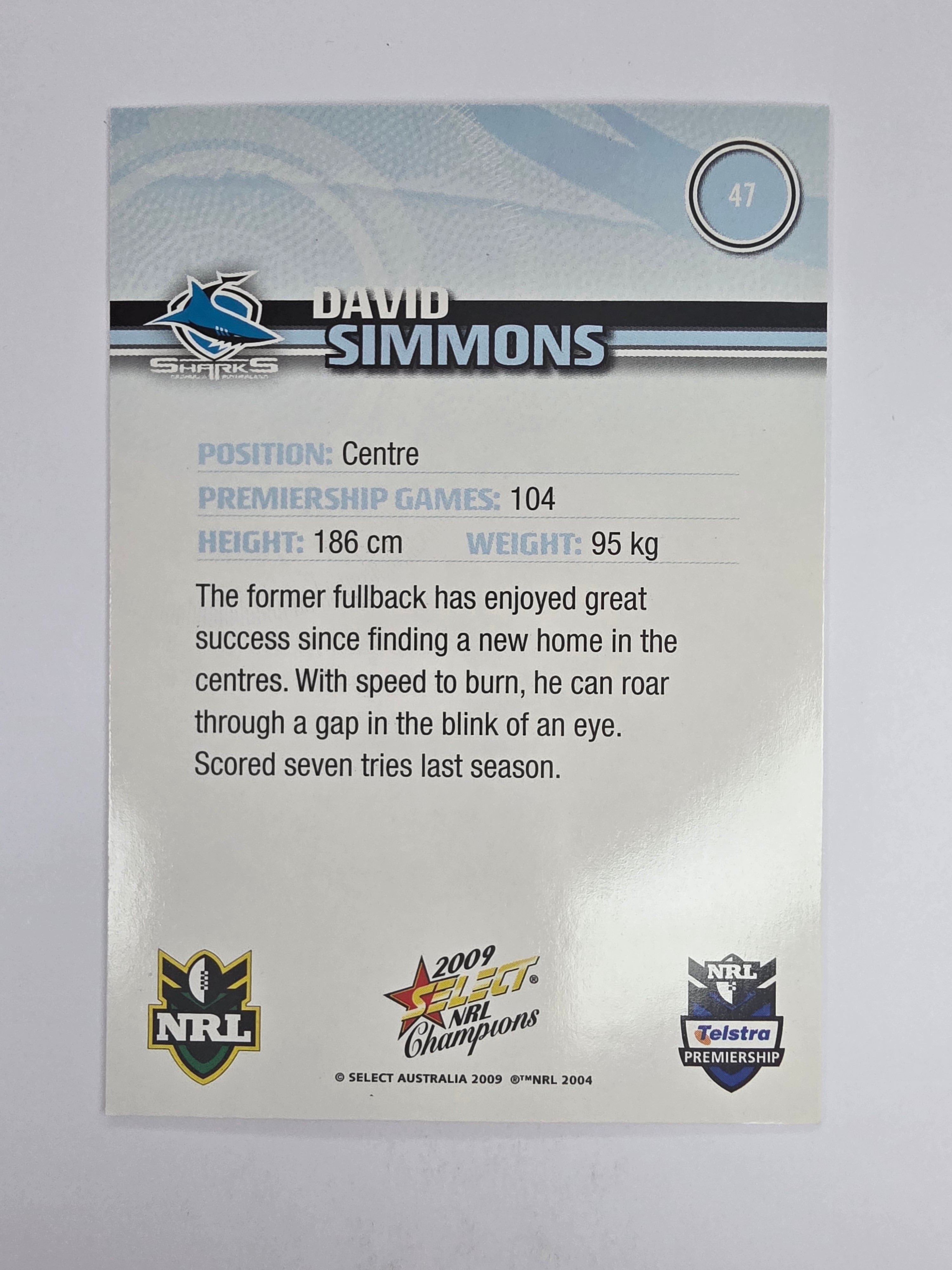NRL 2009 Champions Base Card #47 David Simmons Cronulla Sutherland Sharks