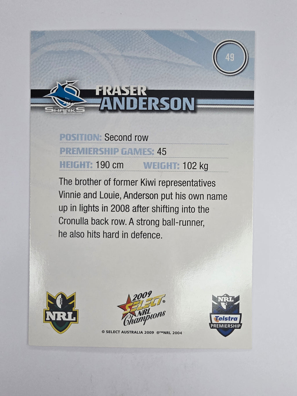 NRL 2009 Champions Base Card #49 Fraser Anderson Cronulla Sutherland Sharks