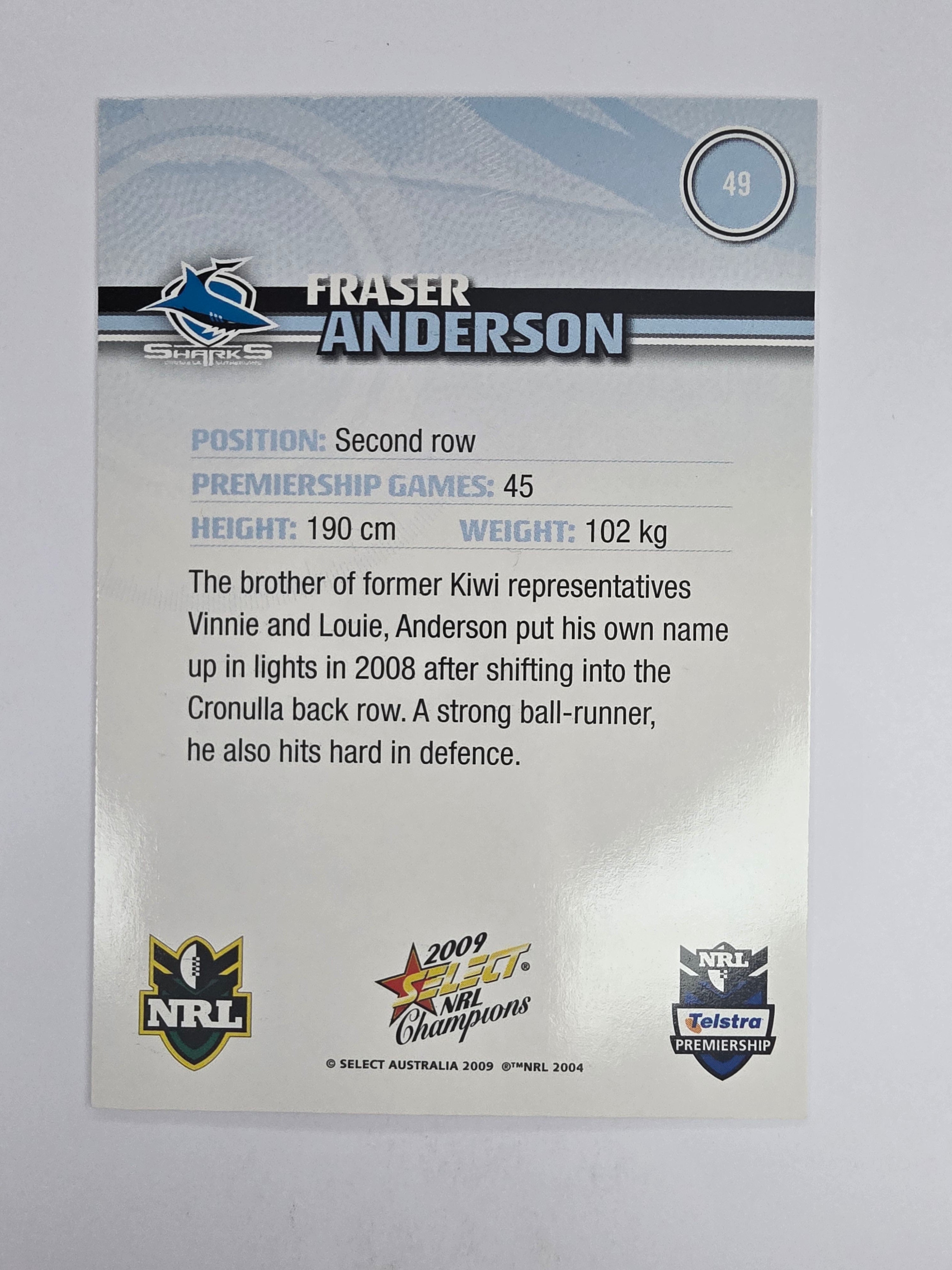 NRL 2009 Champions Base Card #49 Fraser Anderson Cronulla Sutherland Sharks