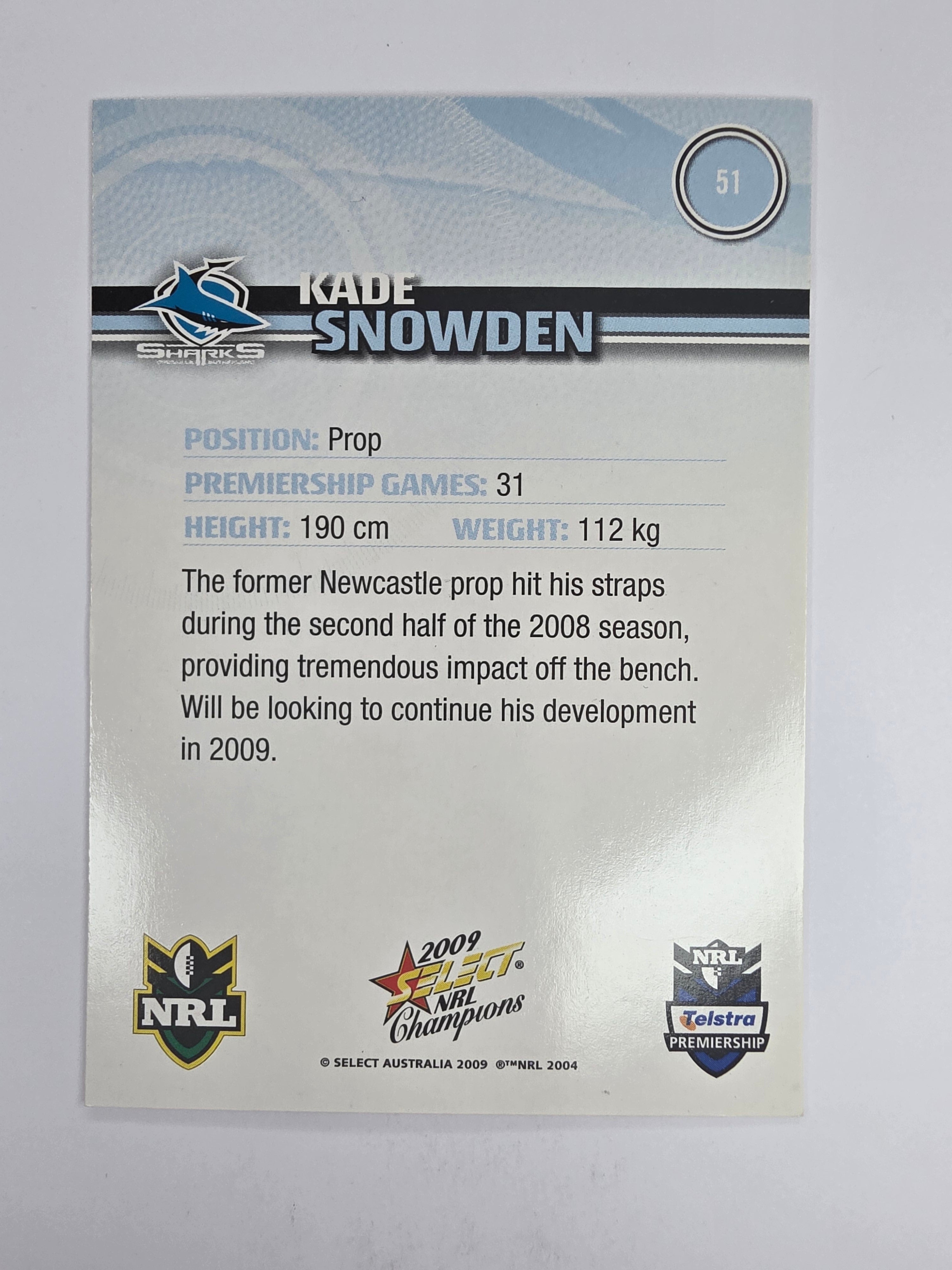 NRL 2009 Champions Base Card #51 Kade Snowden Cronulla Sutherland Sharks