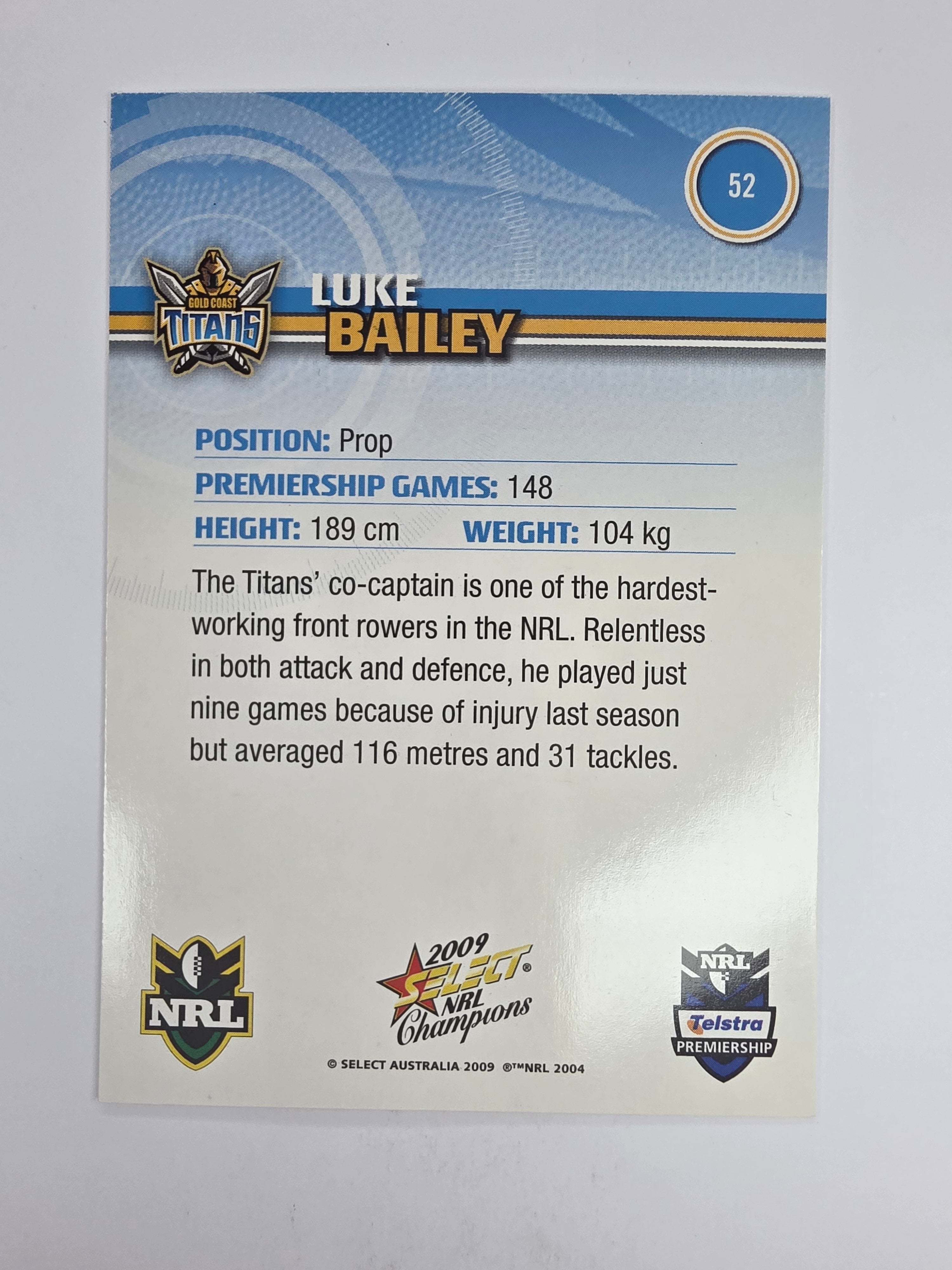 NRL 2009 Champions Base Card #52 Luke Bailey Gold Coast Titans