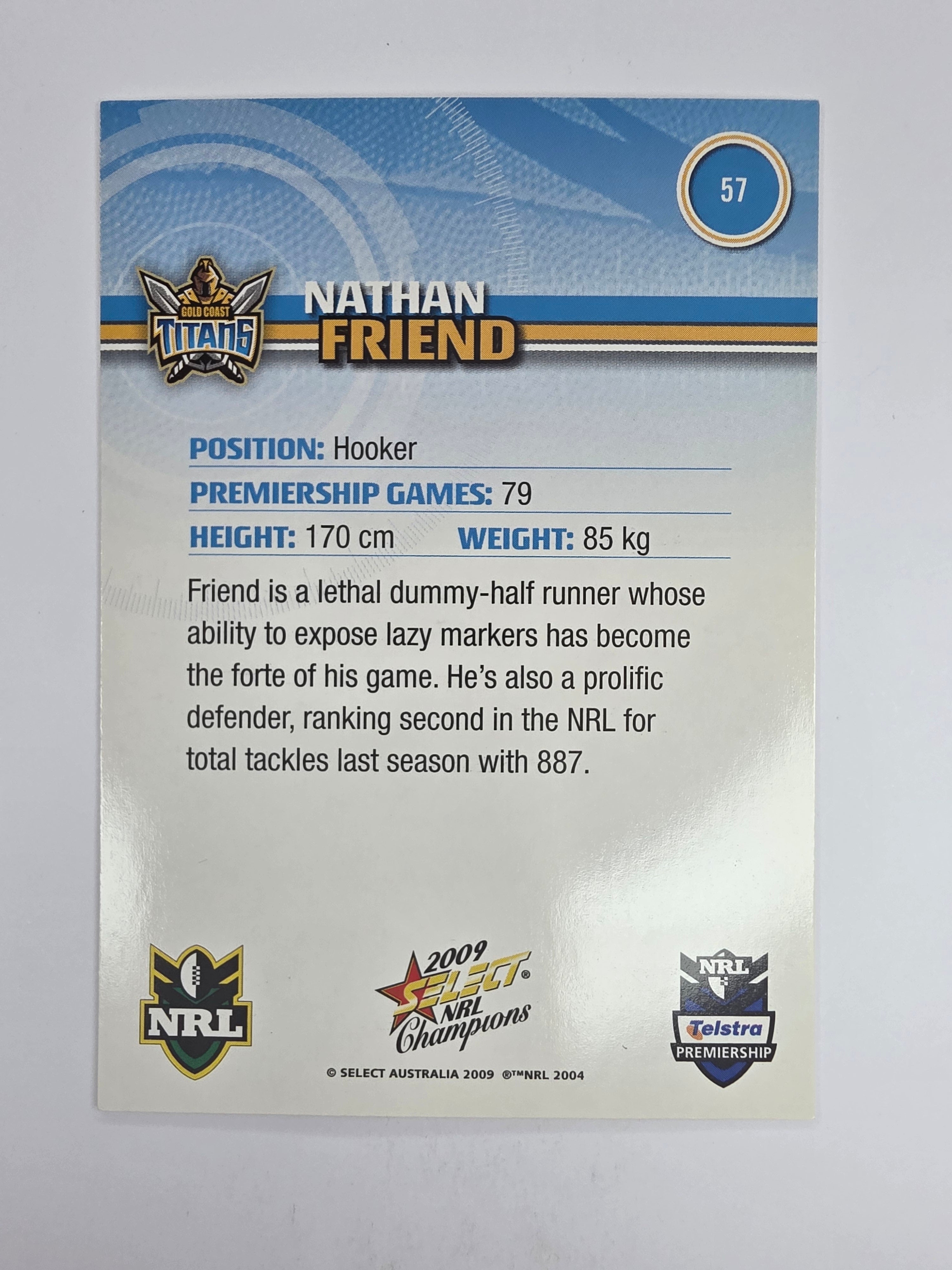 NRL 2009 Champions Base Card #57 Nathan Friend Gold Coast Titans