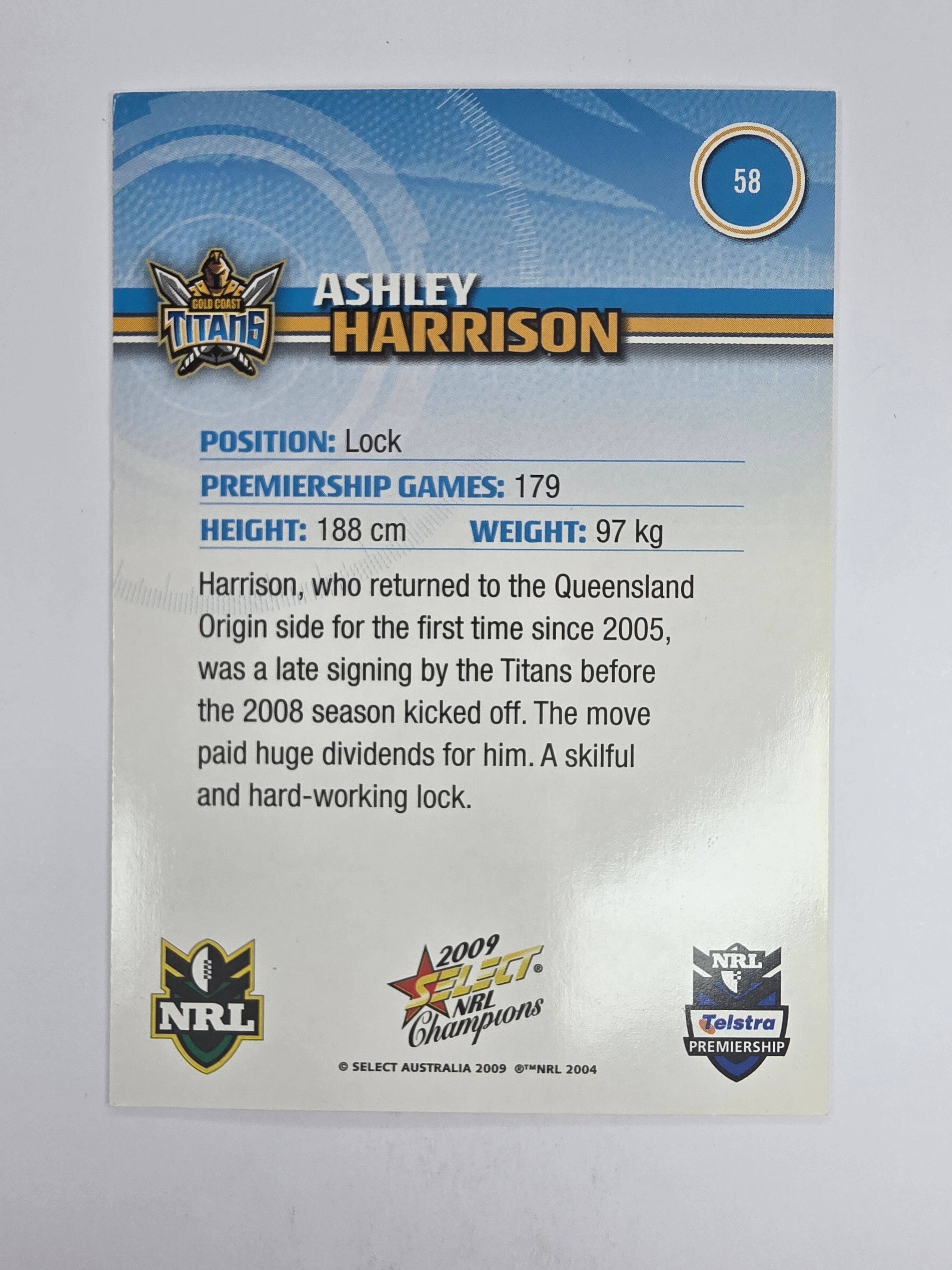 NRL 2009 Champions Base Card #58 Ashley Harrison Gold Coast Titans