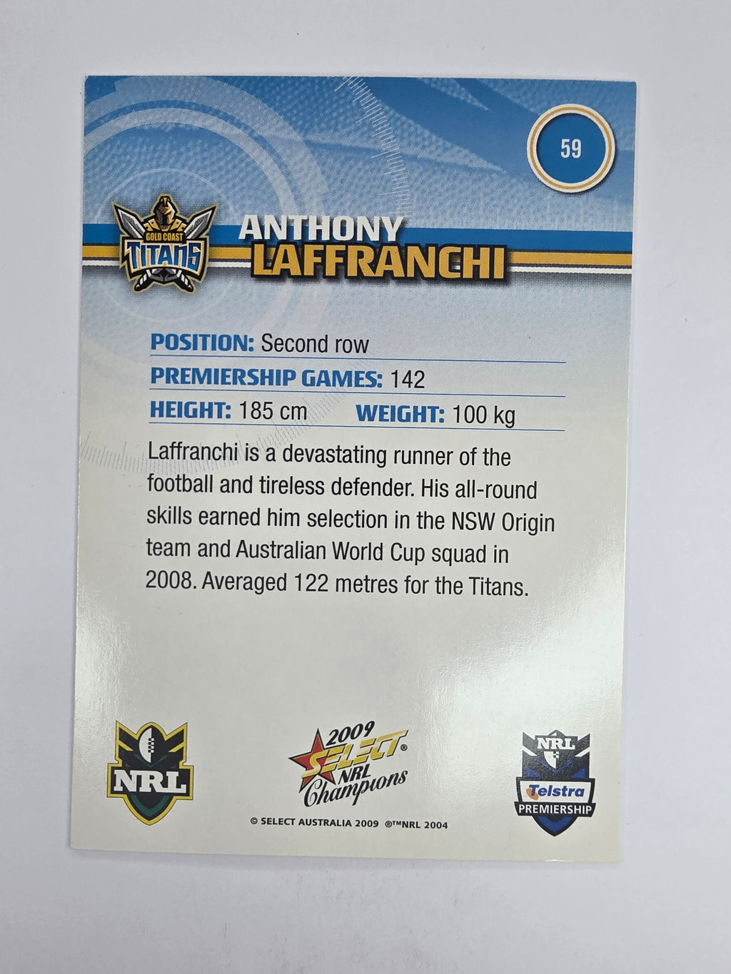 NRL 2009 Champions Base Card #59 Anthony Laffranchi Gold Coast Titans