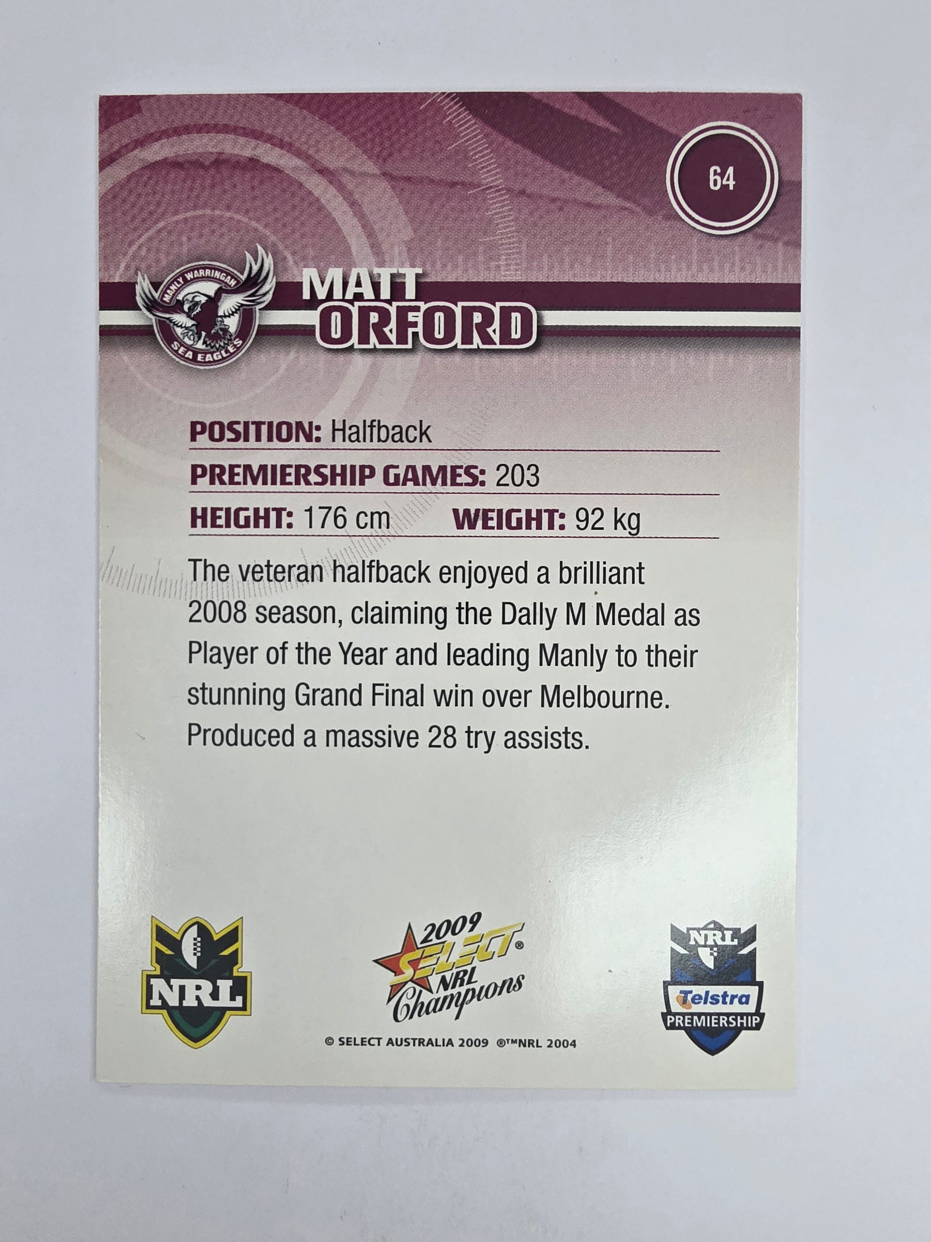 NRL 2009 Champions Base Card #64 Matt Orford Manly Warringah Sea Eagles