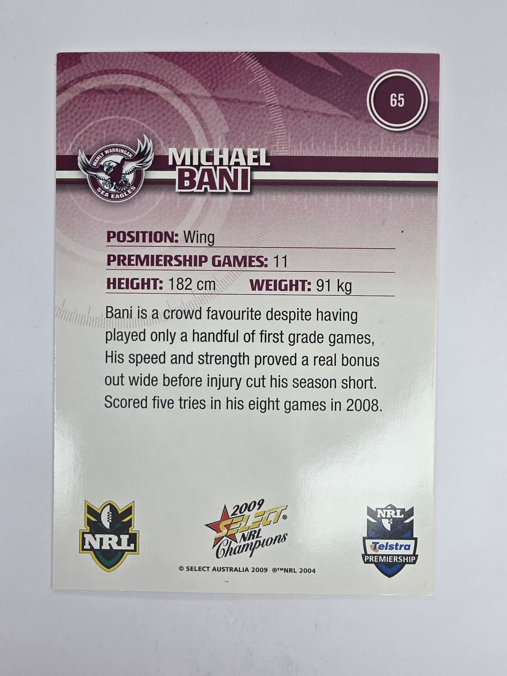 NRL 2009 Champions Base Card #65 Michael Bani Manly Warringah Sea Eagles