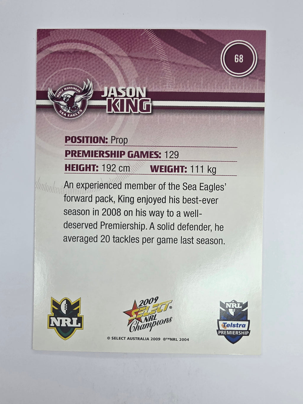 NRL 2009 Champions Base Card #68 Jason King Manly Warringah Sea Eagles
