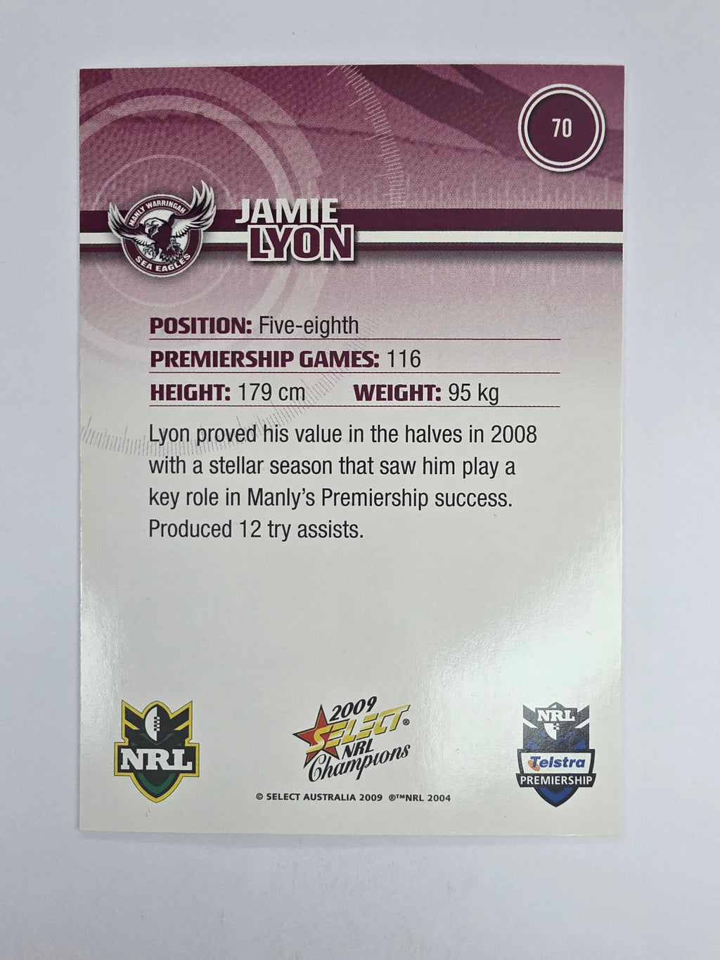 NRL 2009 Champions Base Card #70 Jamie Lyon Manly Warringah Sea Eagles