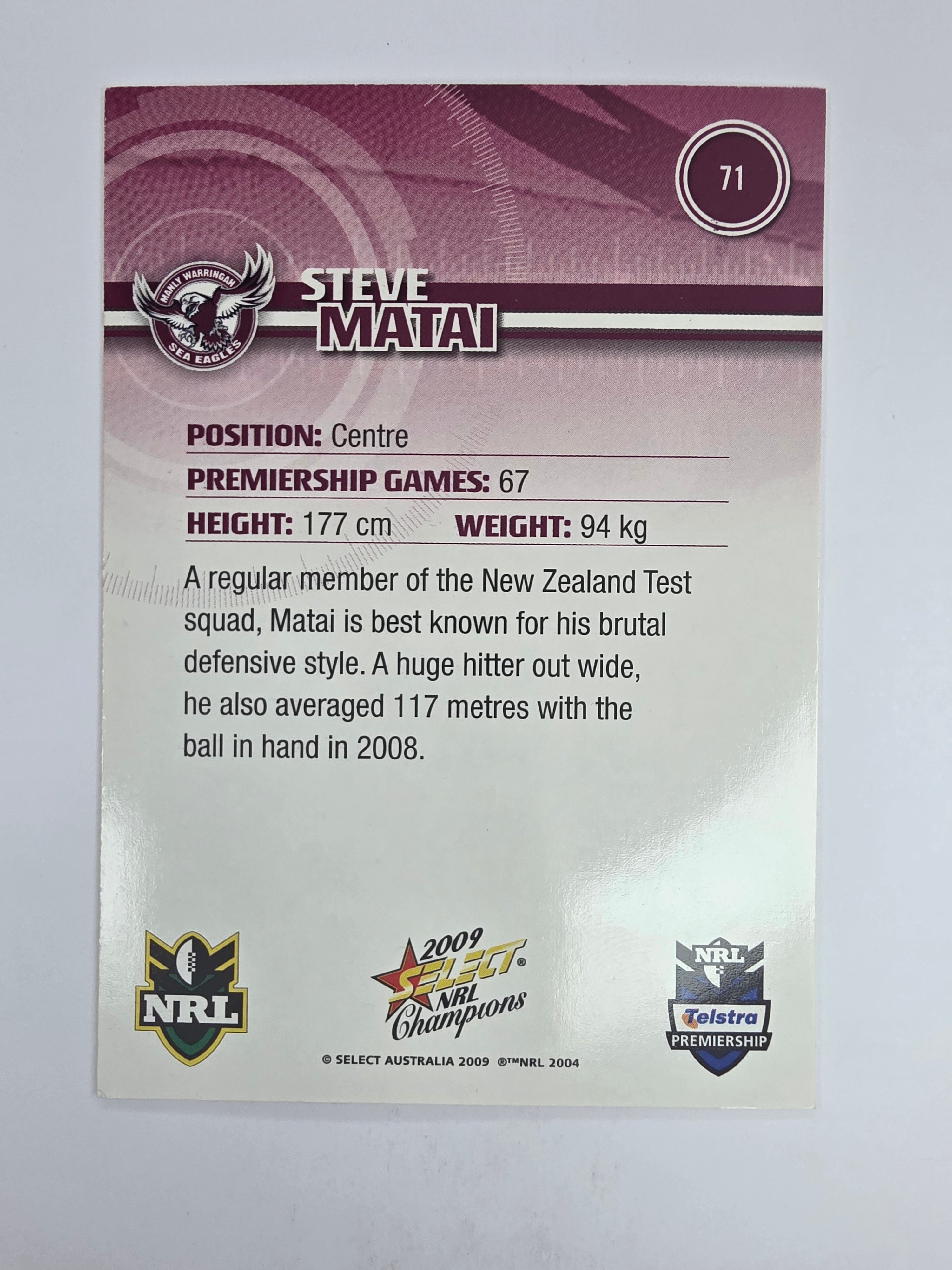 NRL 2009 Champions Base Card #71 Steve Matai Manly Warringah Sea Eagles