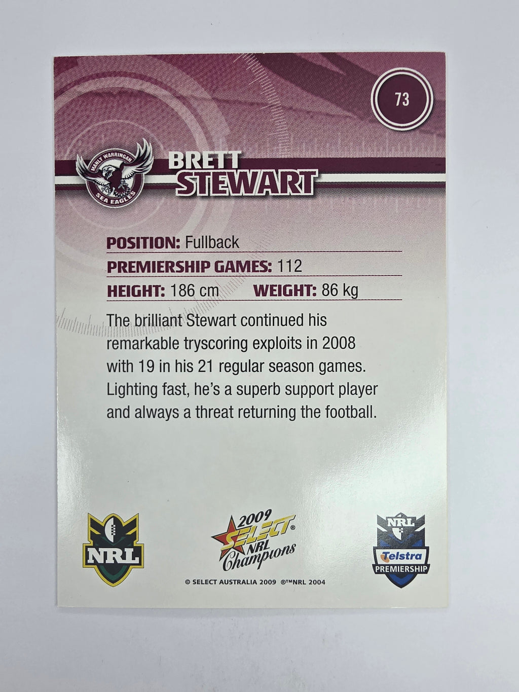 NRL 2009 Champions Base Card #73 Brett Stewart Manly Warringah Sea Eagles