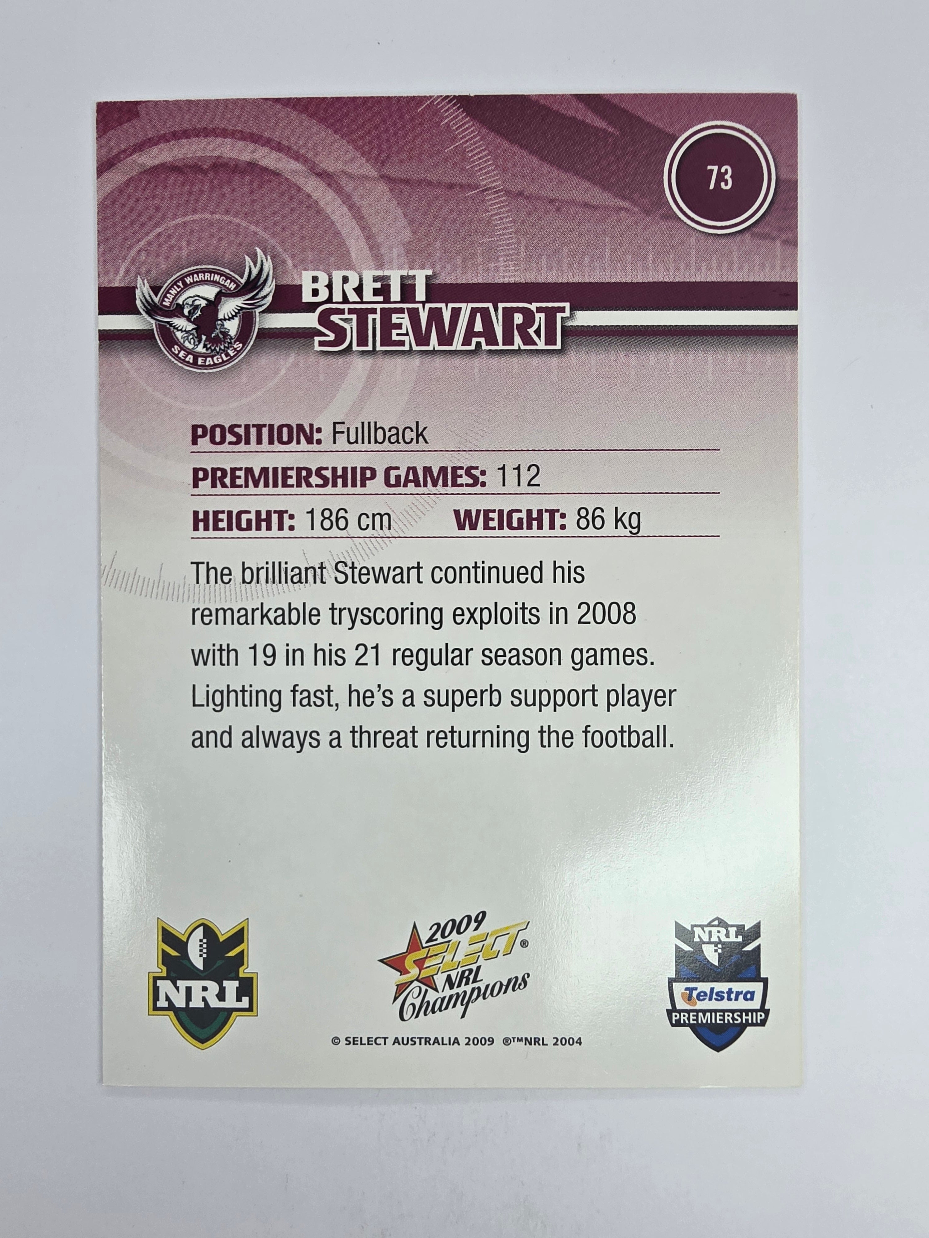 NRL 2009 Champions Base Card #73 Brett Stewart Manly Warringah Sea Eagles