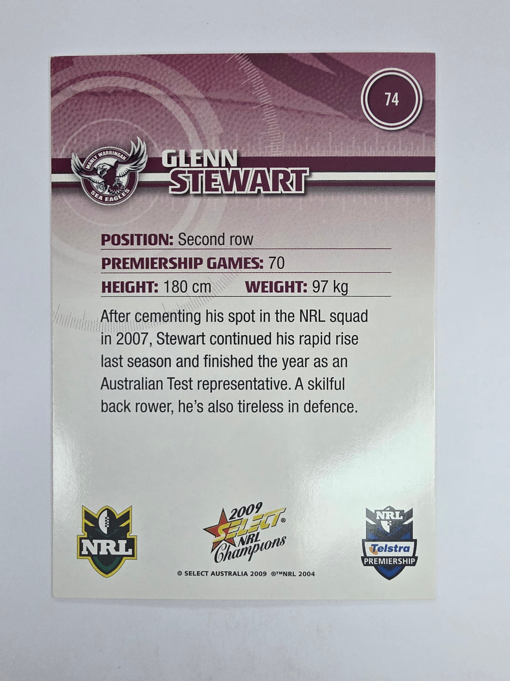 NRL 2009 Champions Base Card #74 Glenn Stewart Manly Warringah Sea Eagles