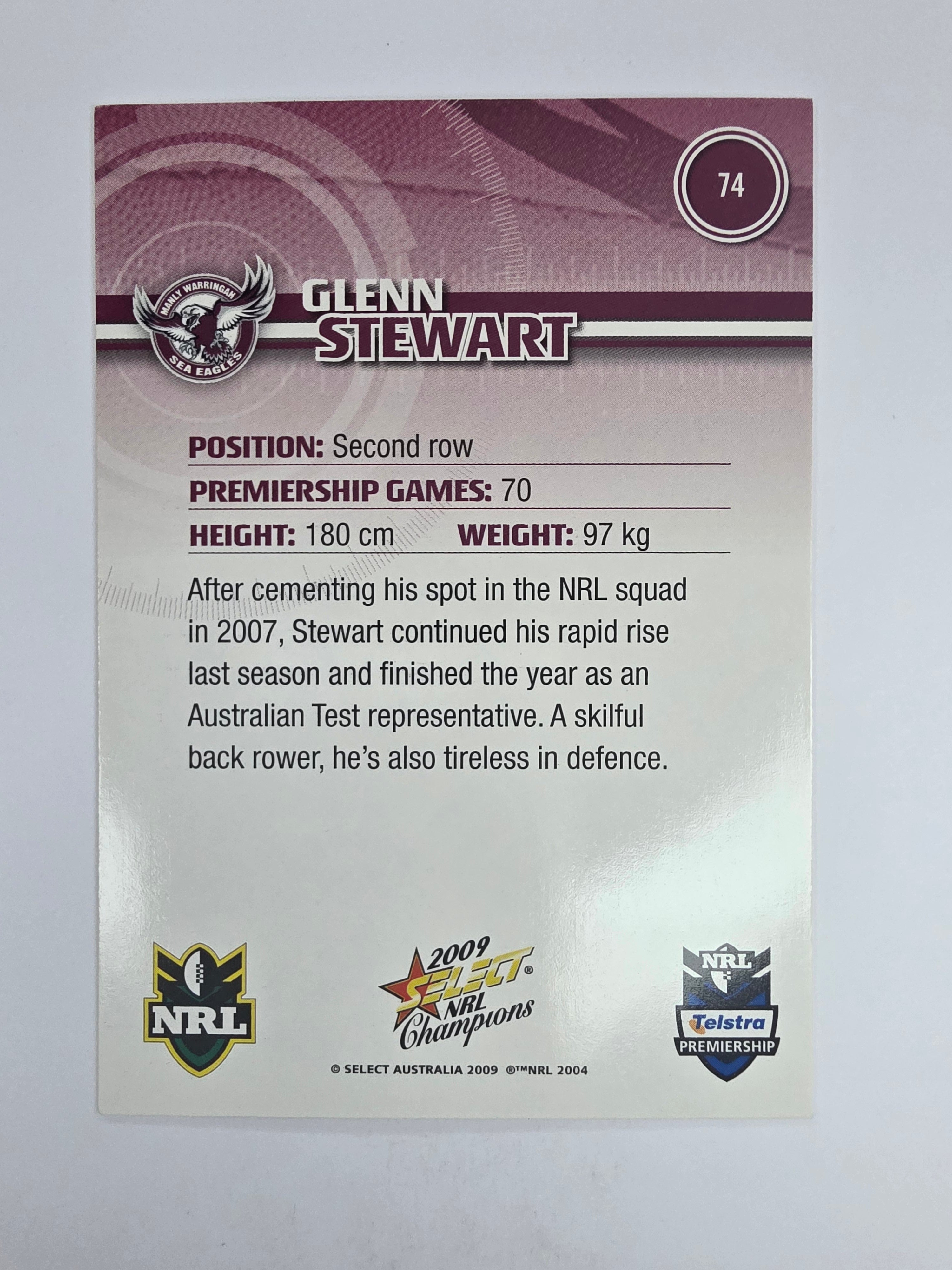 NRL 2009 Champions Base Card #74 Glenn Stewart Manly Warringah Sea Eagles