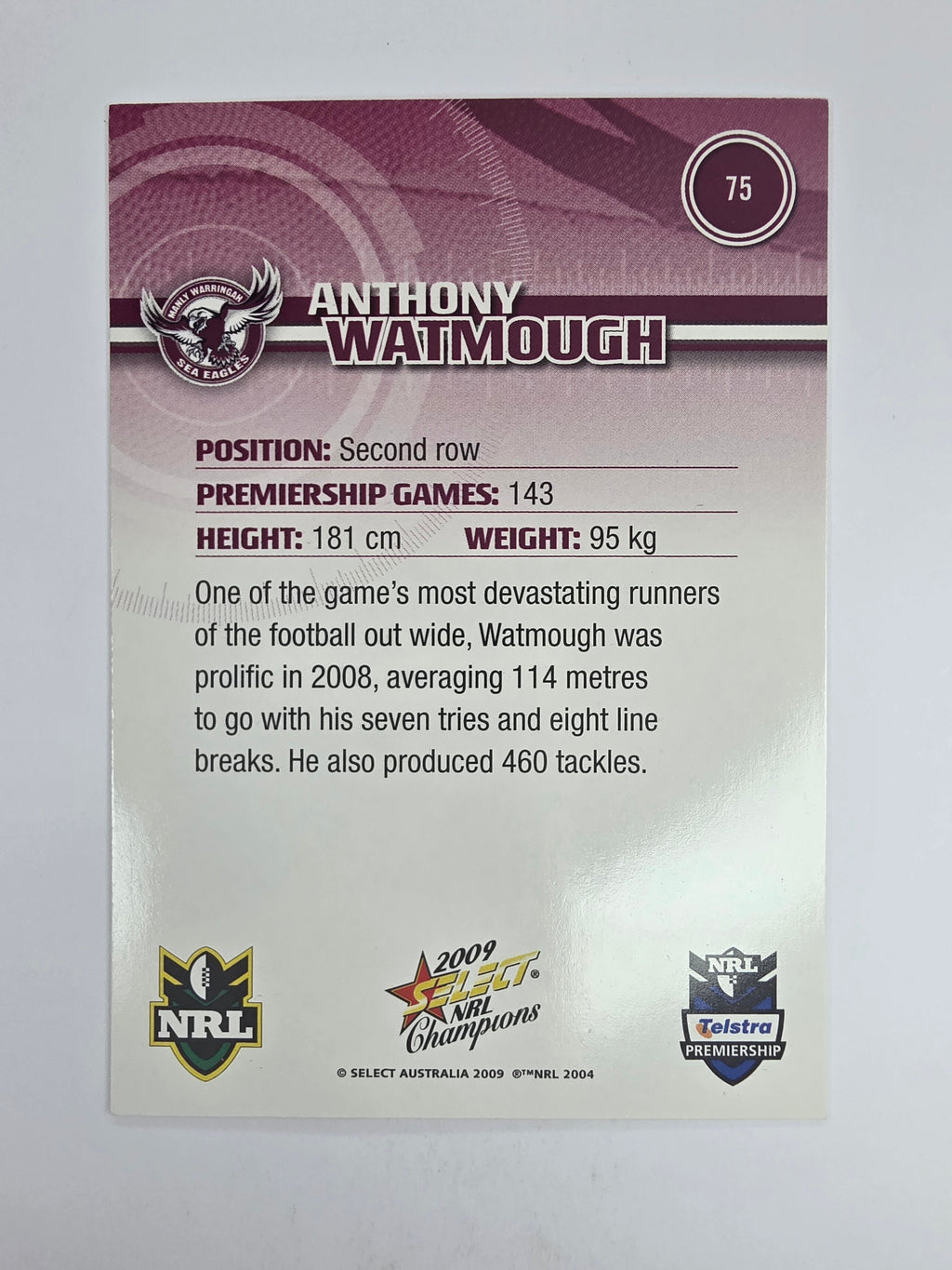 NRL 2009 Champions Base Card #75 Anthony Watmough Manly Warringah Sea Eagles