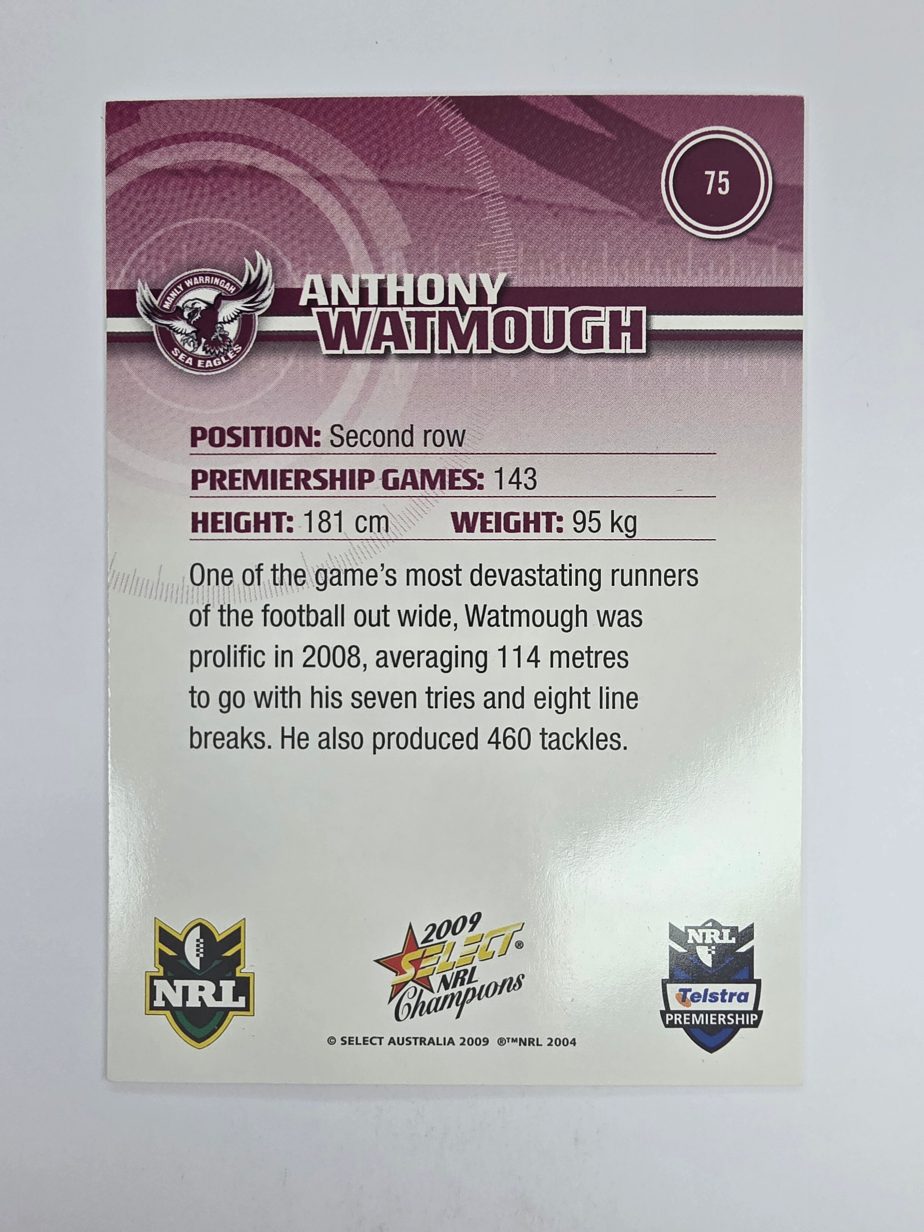 NRL 2009 Champions Base Card #75 Anthony Watmough Manly Warringah Sea Eagles