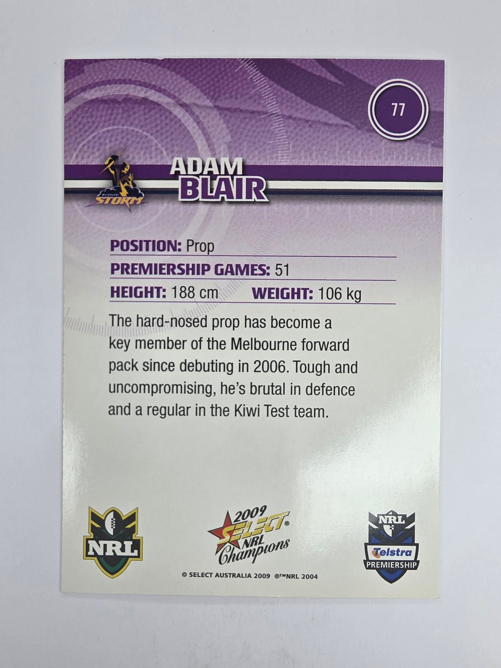 NRL 2009 Champions Base Card #77 Adam Blair Melbourne Storm