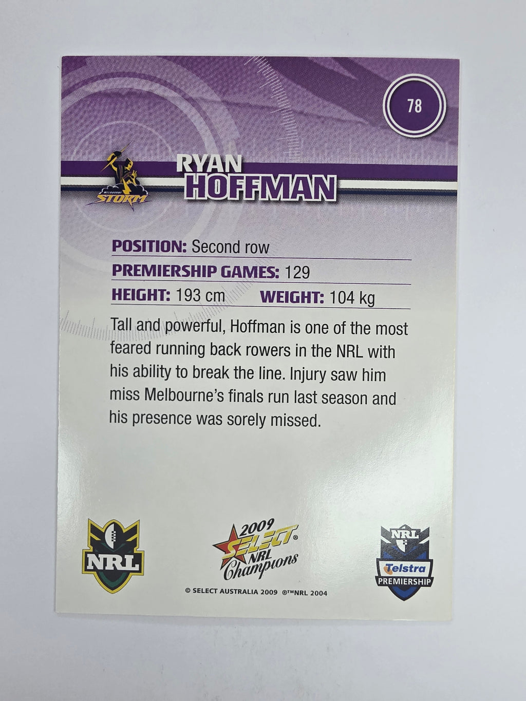 NRL 2009 Champions Base Card #78 Ryan Hoffman Melbourne Storm