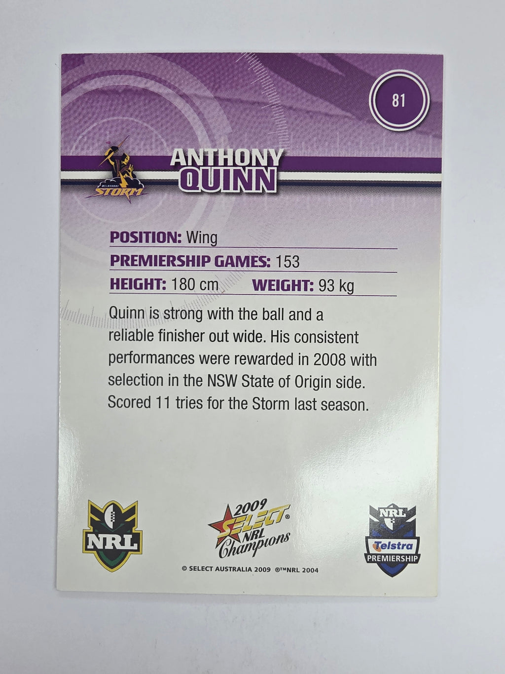 NRL 2009 Champions Base Card #81 Anthony Quinn Melbourne Storm