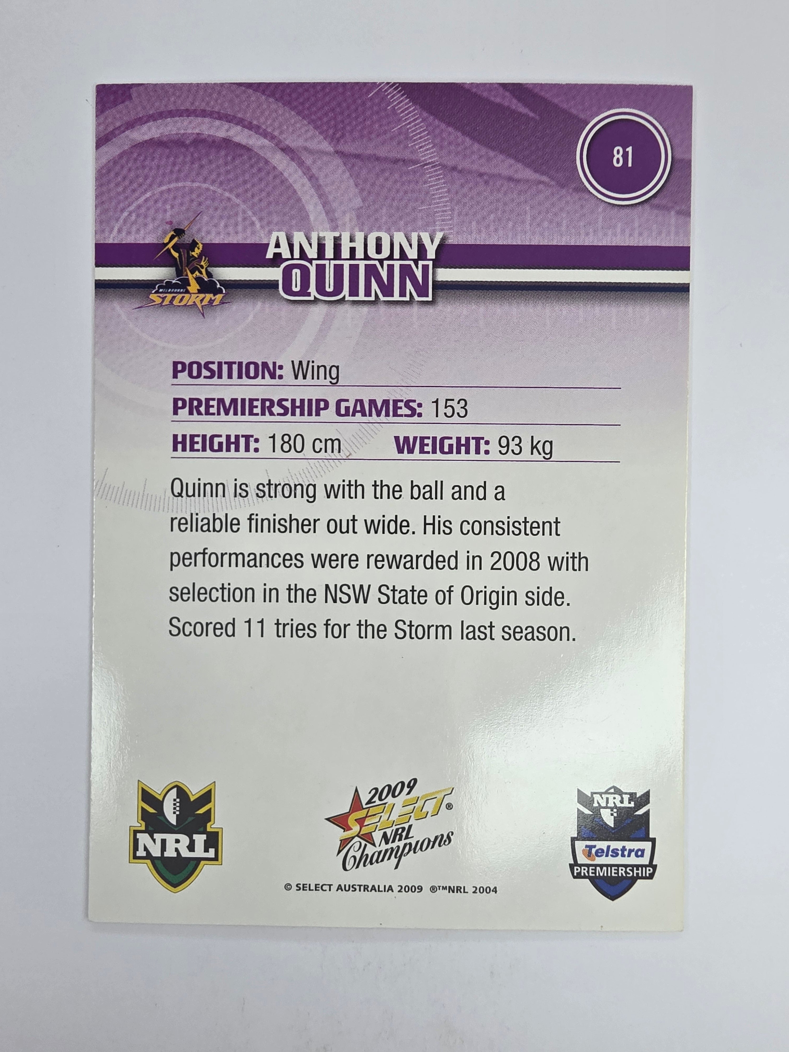 NRL 2009 Champions Base Card #81 Anthony Quinn Melbourne Storm