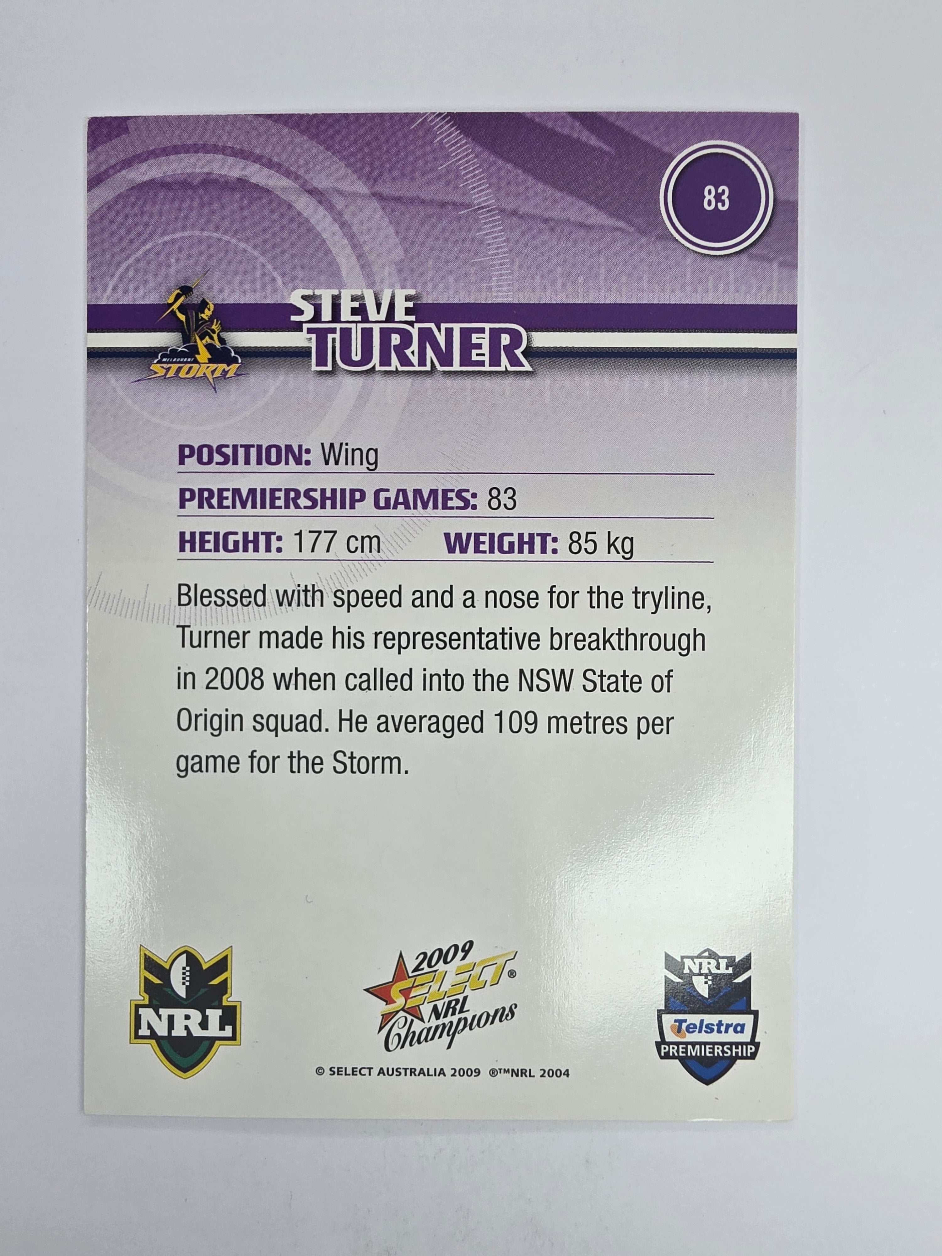NRL 2009 Champions Base Card #83 Steve Turner Melbourne Storm
