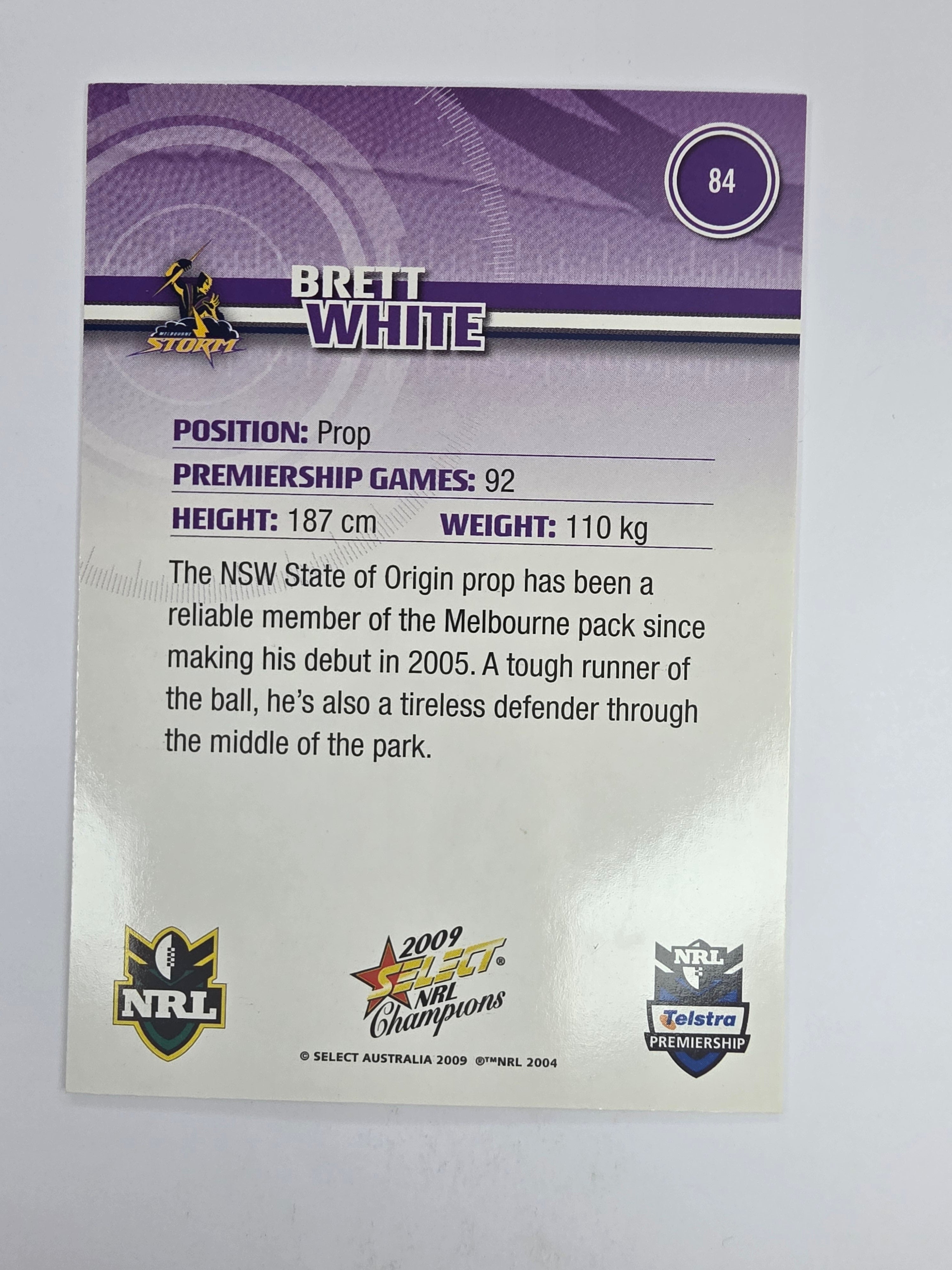 NRL 2009 Champions Base Card #84 Brett White Melbourne Storm
