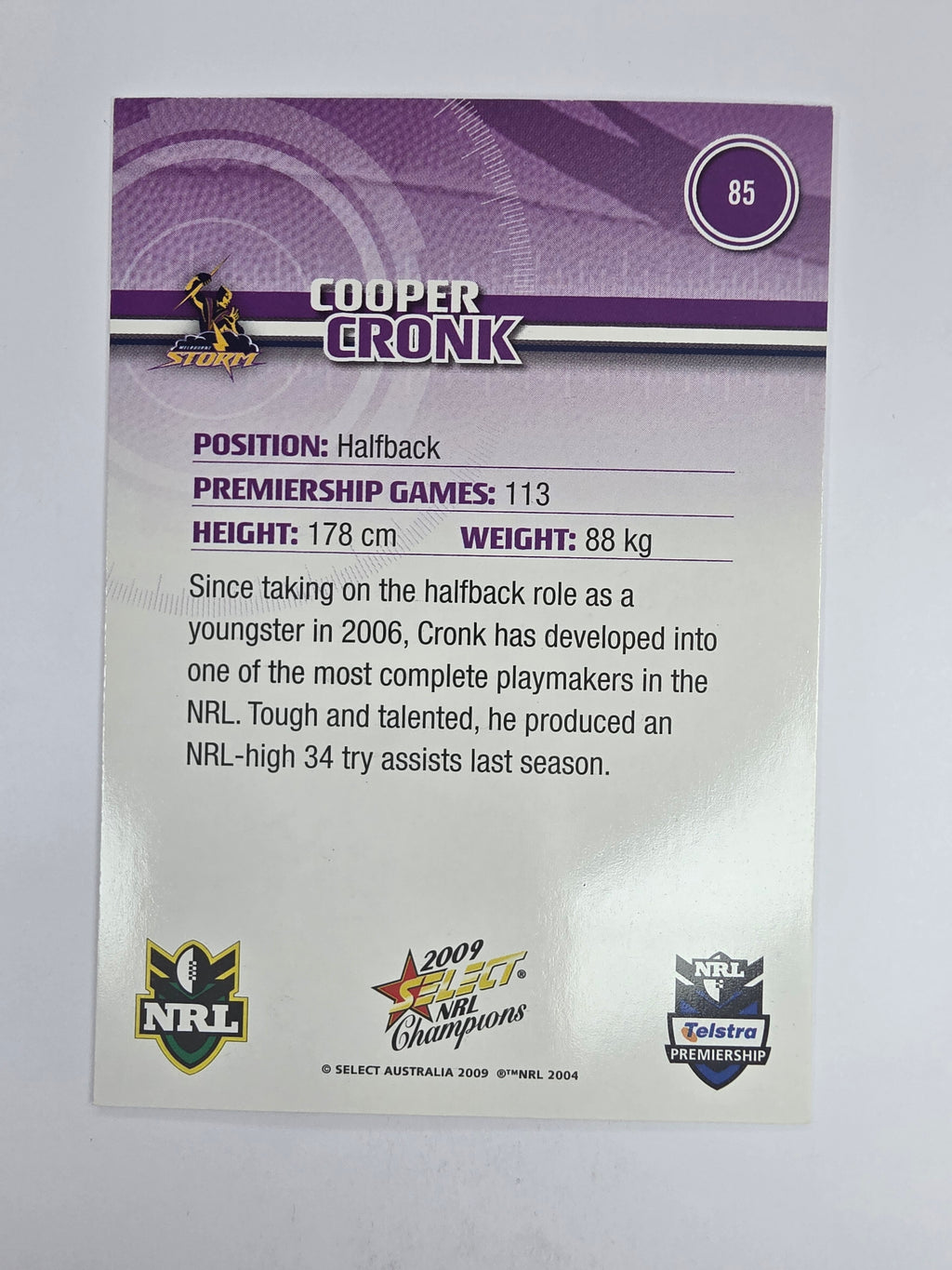 NRL 2009 Champions Base Card #85 Cooper Cronk Melbourne Storm