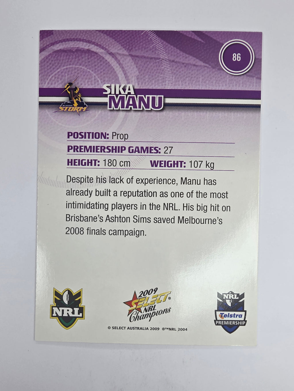 NRL 2009 Champions Base Card #86 Sika Manu Melbourne Storm
