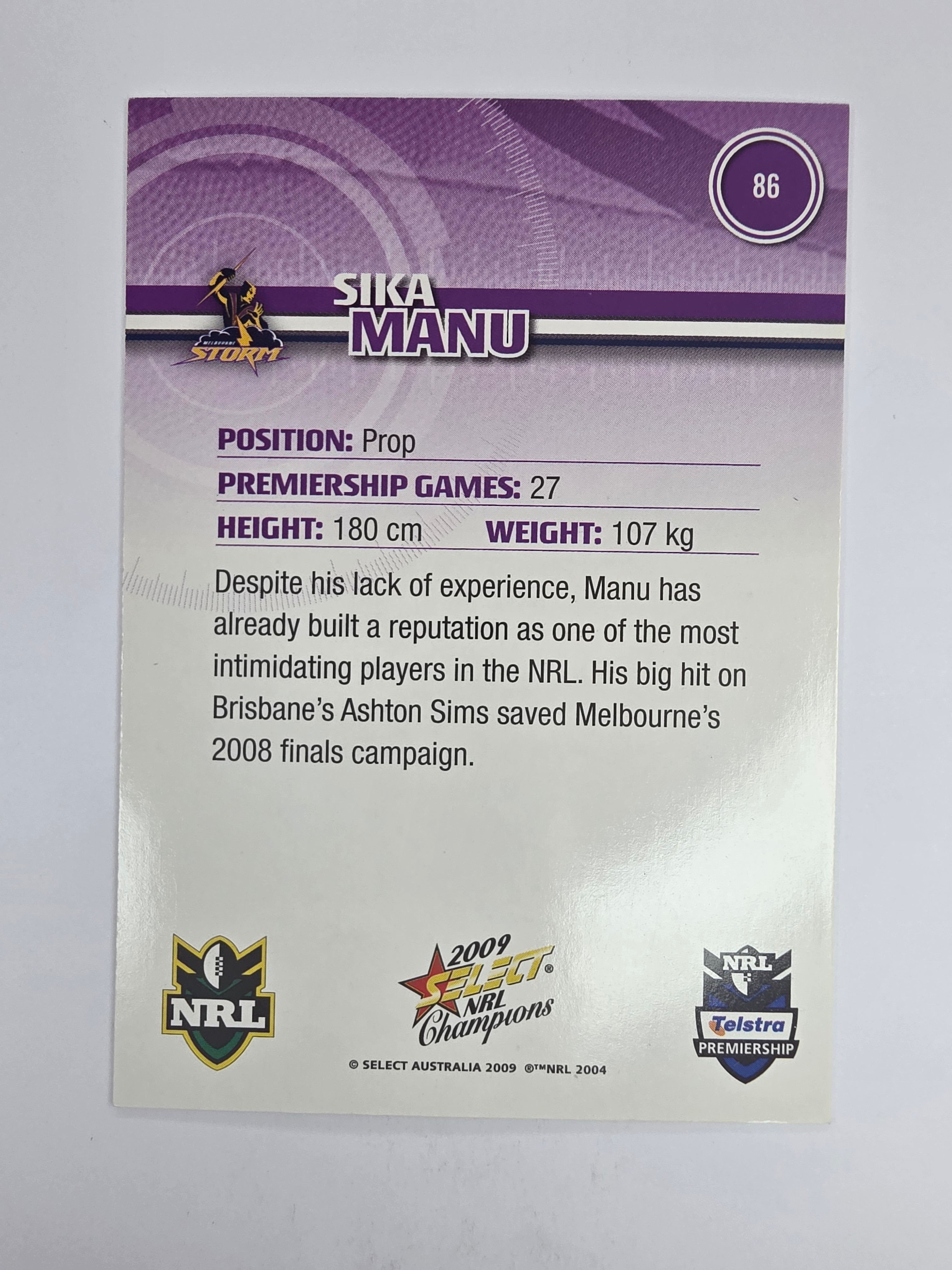 NRL 2009 Champions Base Card #86 Sika Manu Melbourne Storm