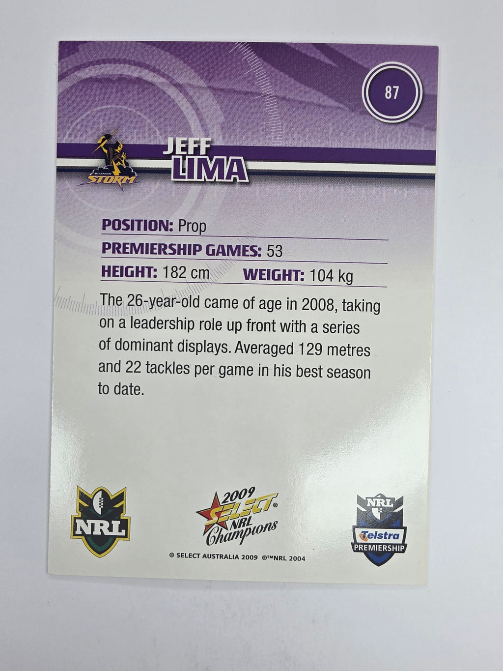 NRL 2009 Champions Base Card #87 Jeff Lima Melbourne Storm