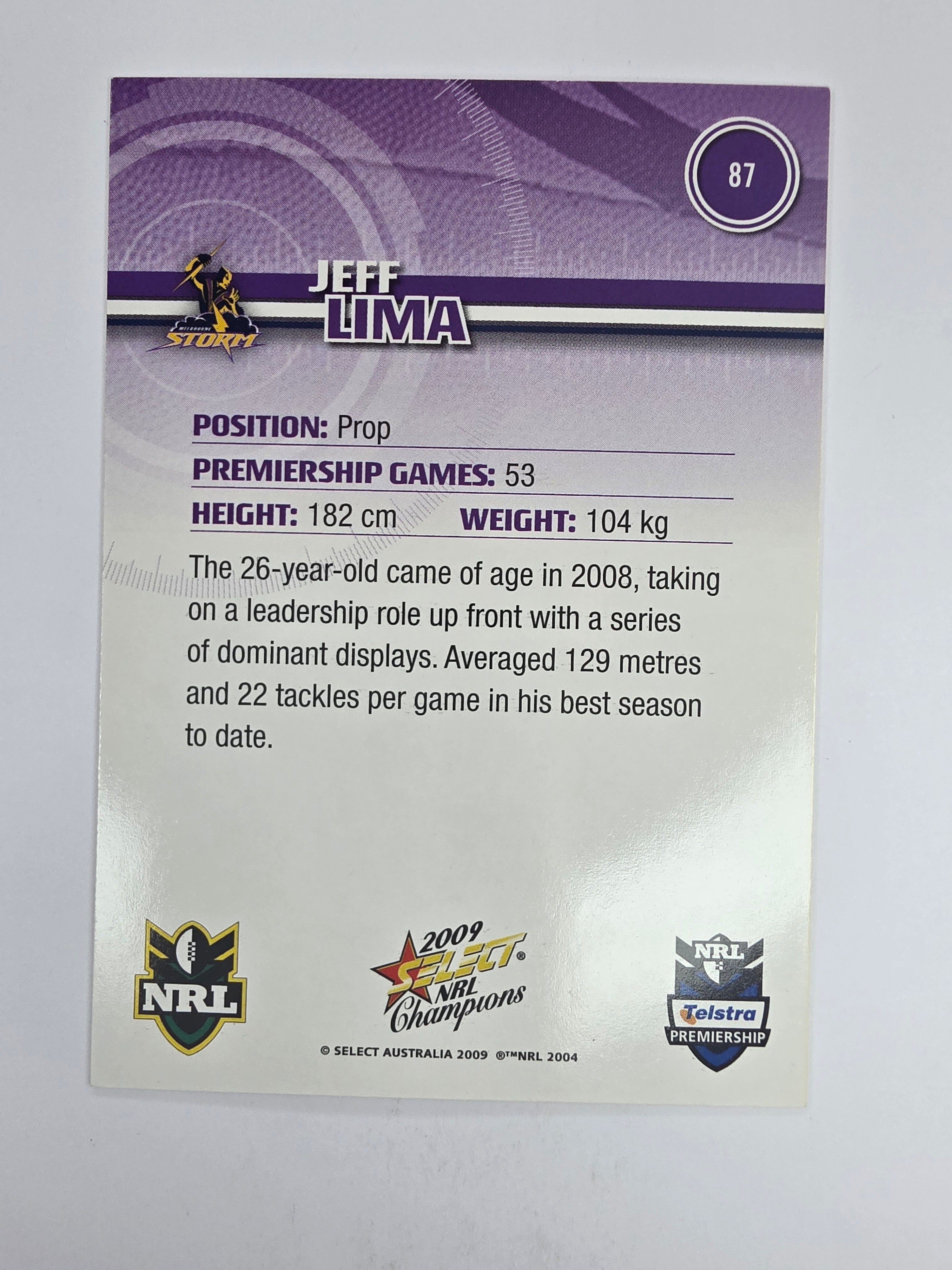NRL 2009 Champions Base Card #87 Jeff Lima Melbourne Storm