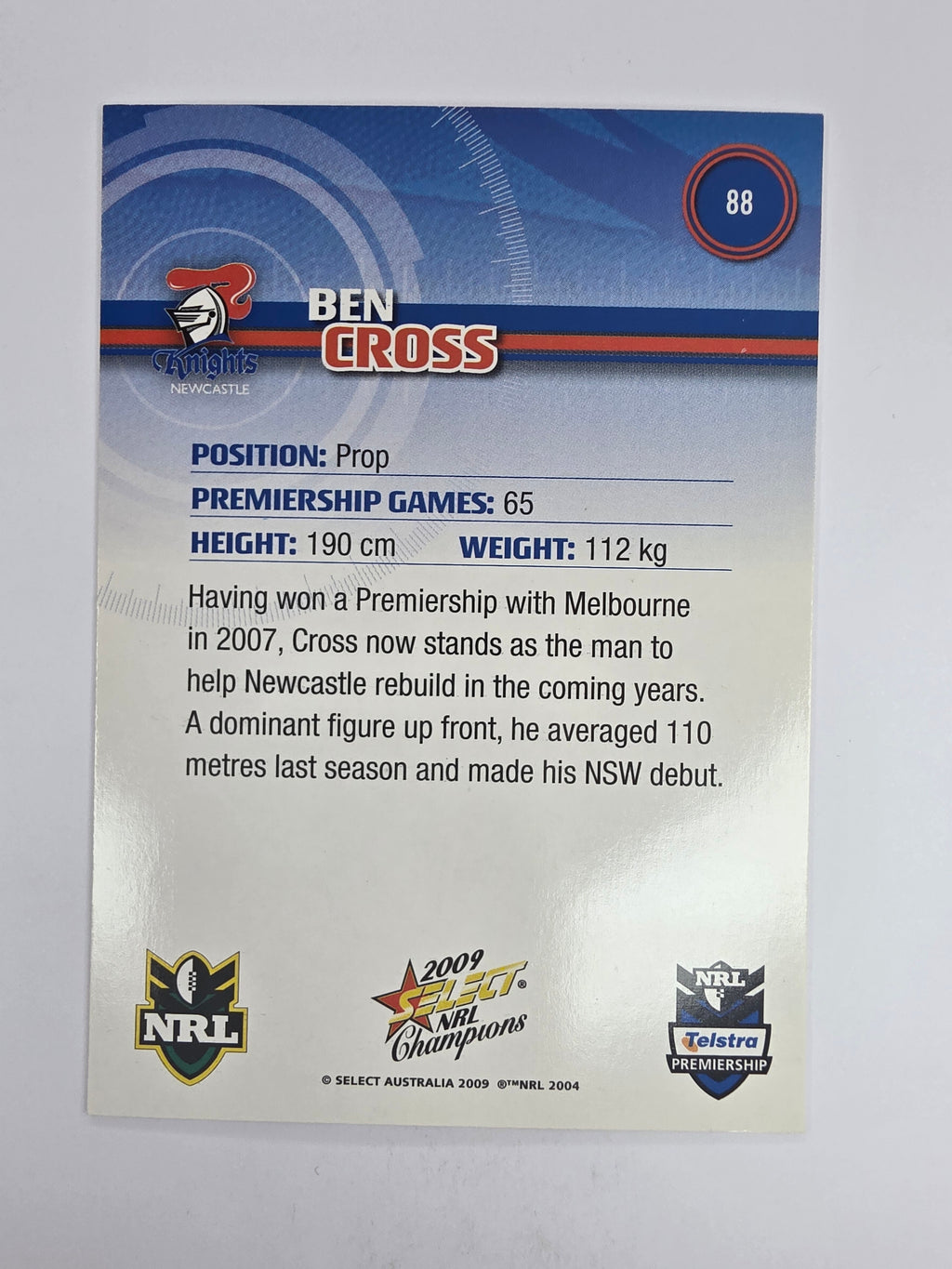 NRL 2009 Champions Base Card #88 Ben Cross Newcastle Knights