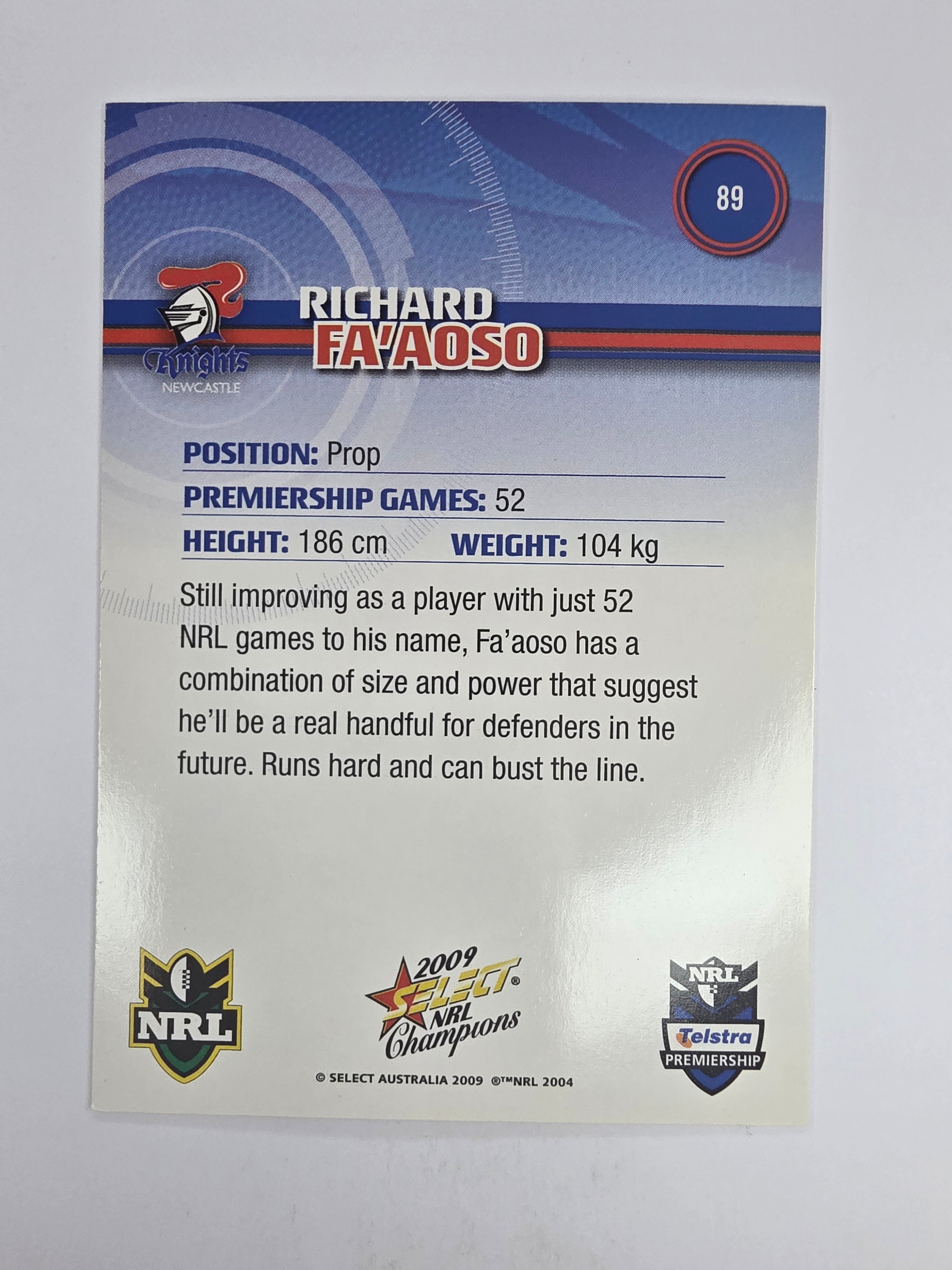 NRL 2009 Champions Base Card #89 Richard Fa’aoso Newcastle Knights