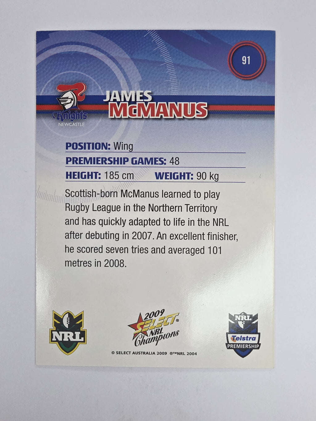 NRL 2009 Champions Base Card #91 James McManus Newcastle Knights