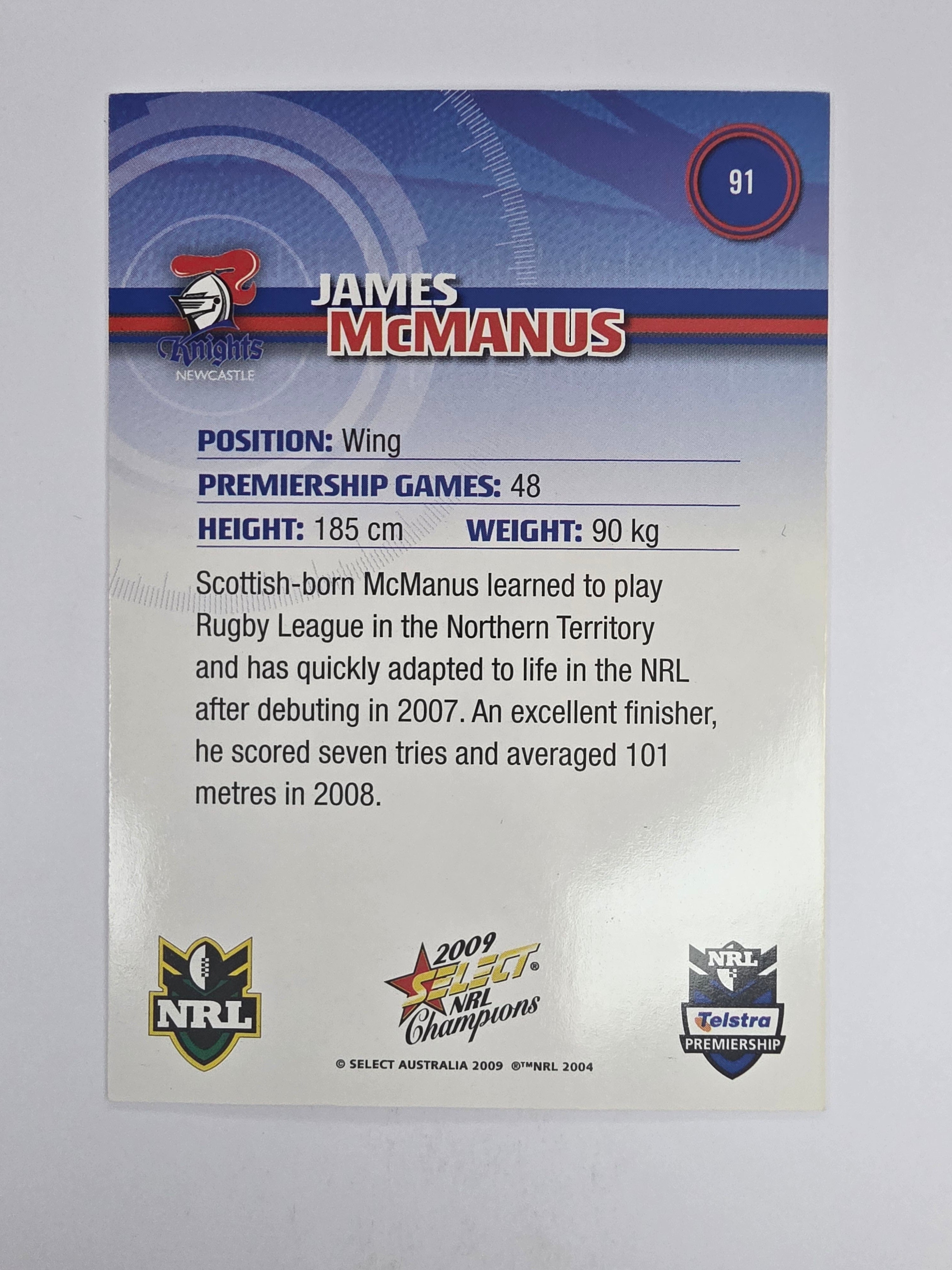 NRL 2009 Champions Base Card #91 James McManus Newcastle Knights